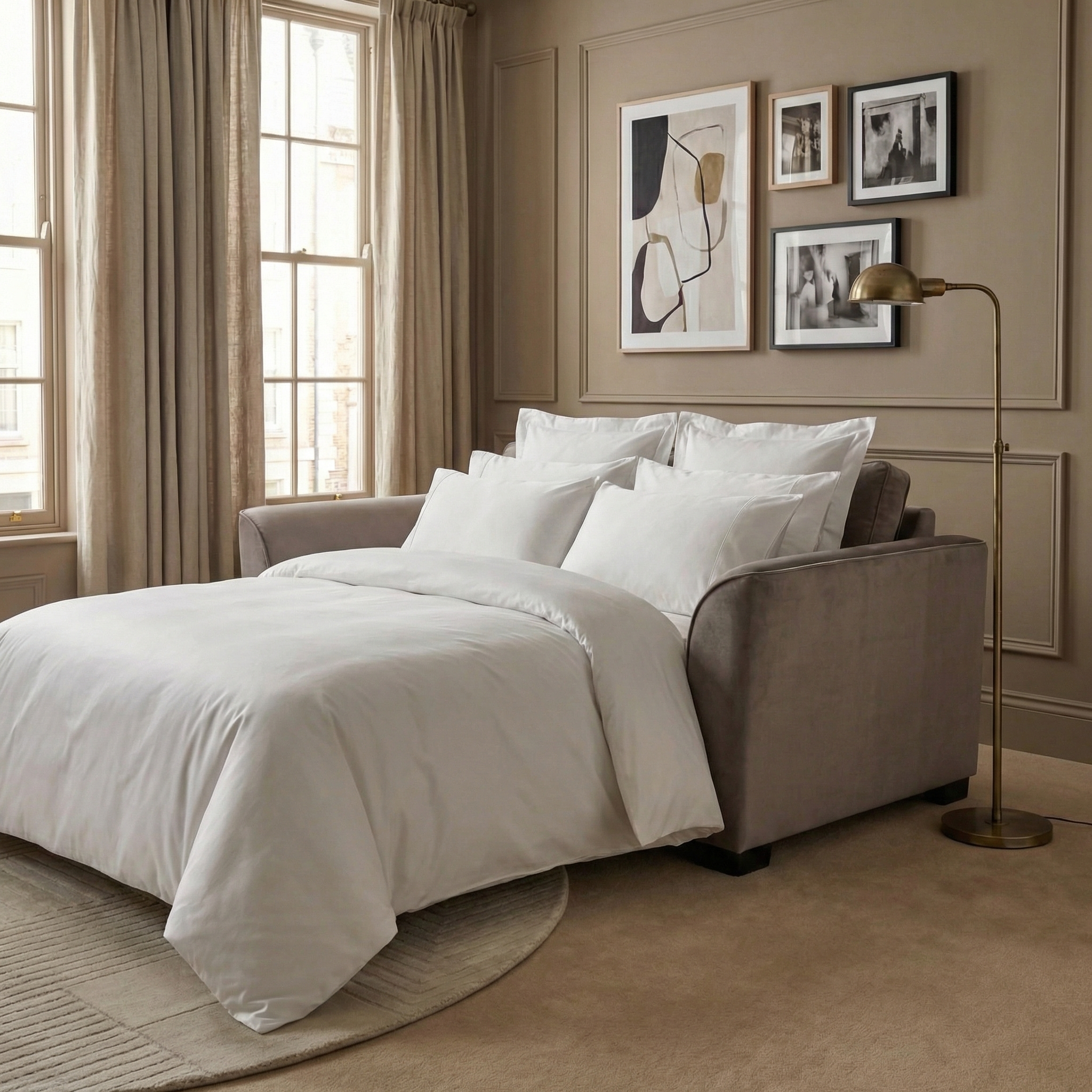A modern bedroom featuring the Ardley 3 Seat Velvet Sofa Bed in Mink, white bedding, framed art, and large windows with beige curtains.