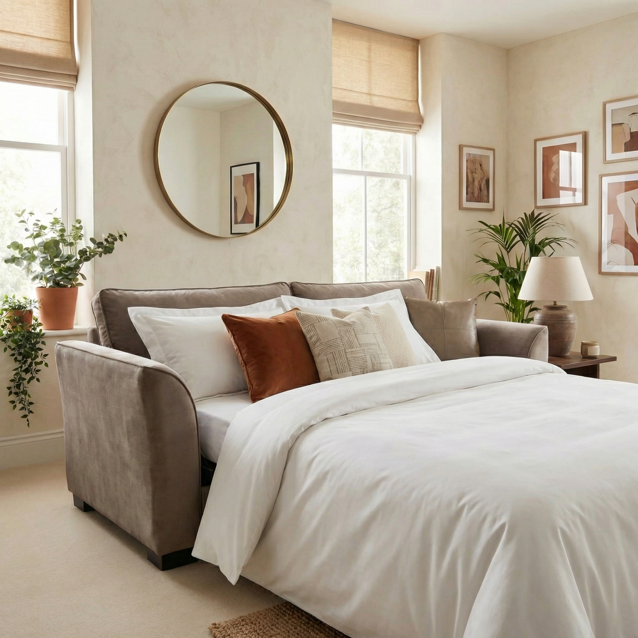 An Ardley 3 Seat Velvet Sofa Bed in Mink, smoothly pulled out with a Sedac mechanism, is made up with white bedding, accent pillows, and plants for an inviting sleep space.