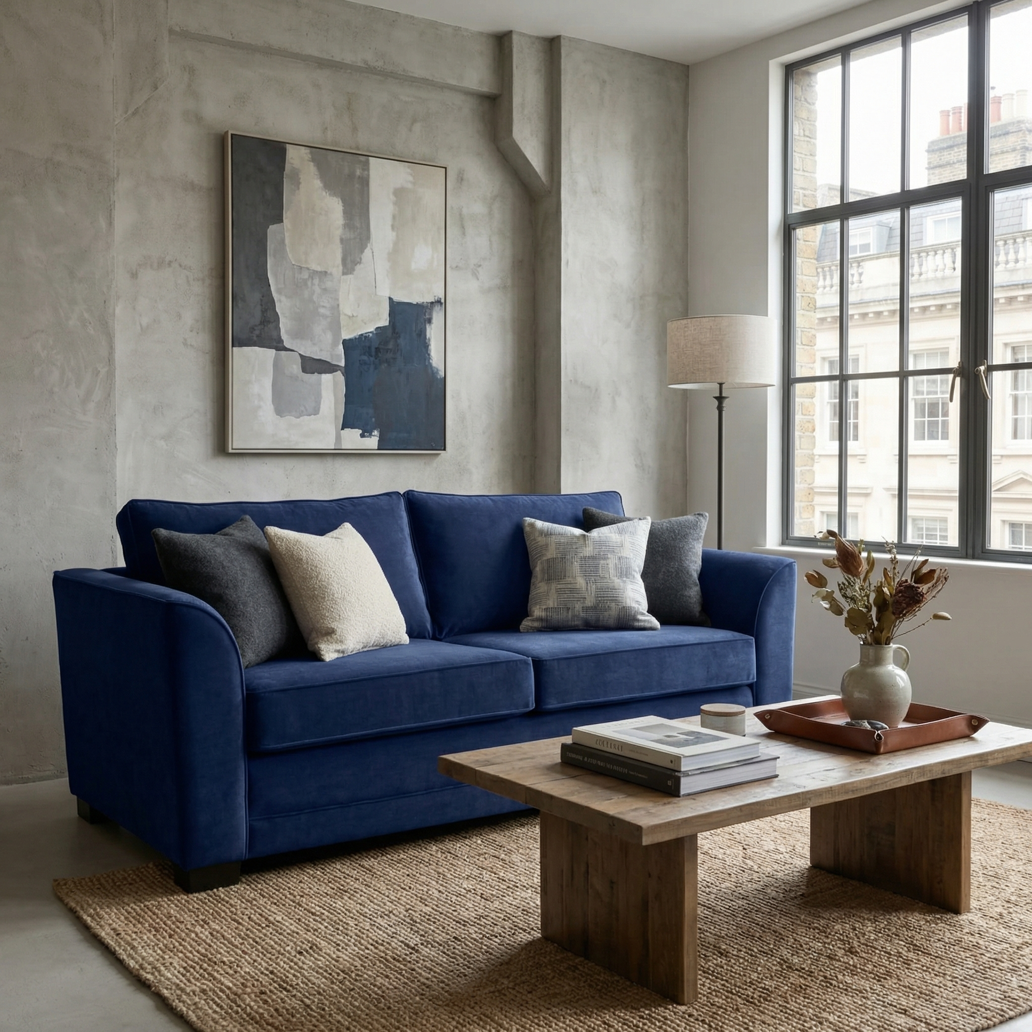 A modern living room featuring the Ardley 3 Seat Velvet Sofa Bed in Royal Blue, neutral pillows, a wooden coffee table, and a large window.