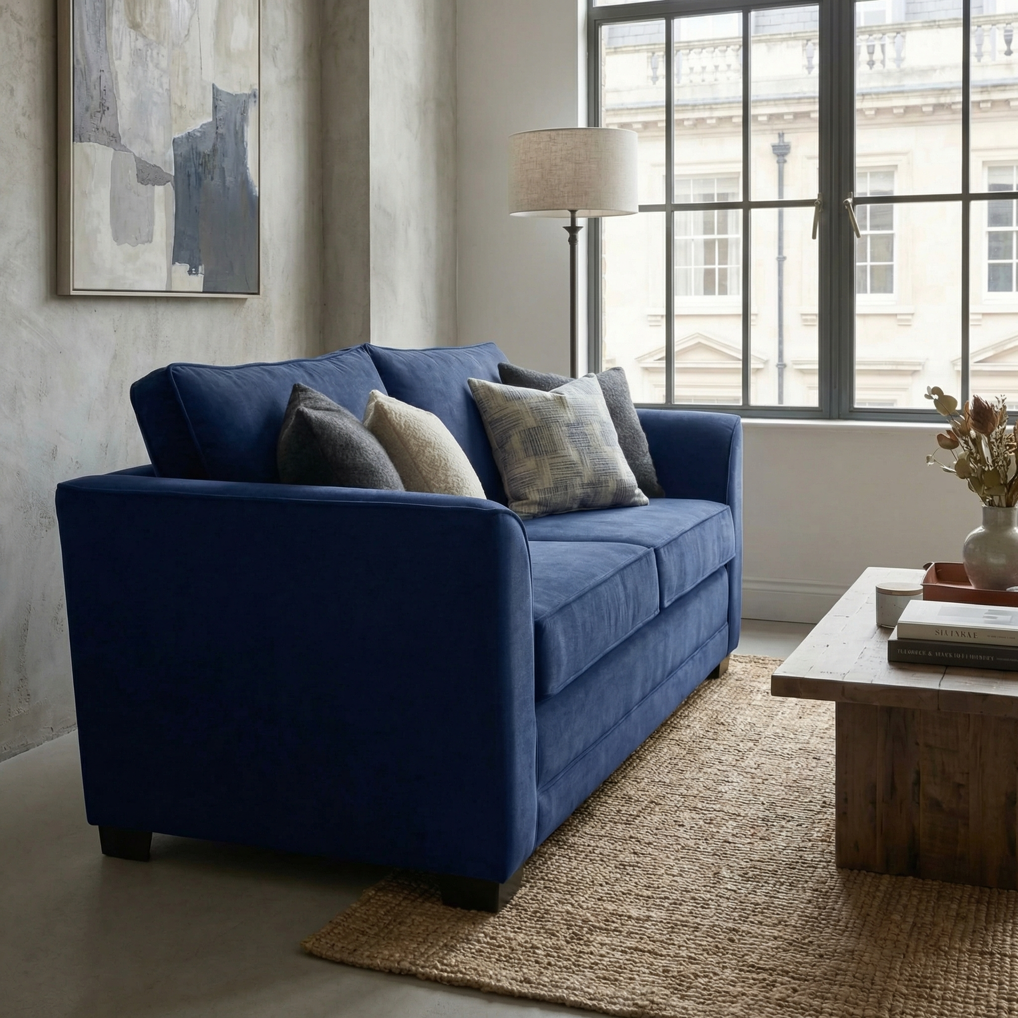 The Ardley 3 Seat Velvet Sofa Bed in Royal Blue, adorned with assorted pillows, is placed in a bright living room beside a window and wooden coffee table.