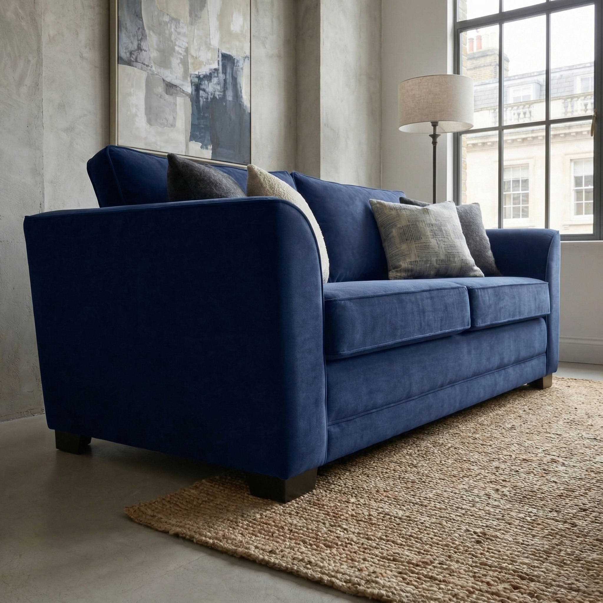 The Ardley 3 Seat Velvet Sofa Bed in Royal Blue, styled with cushions, sits on a woven rug in a modern living room with a large window and abstract art, creating an elegant atmosphere.