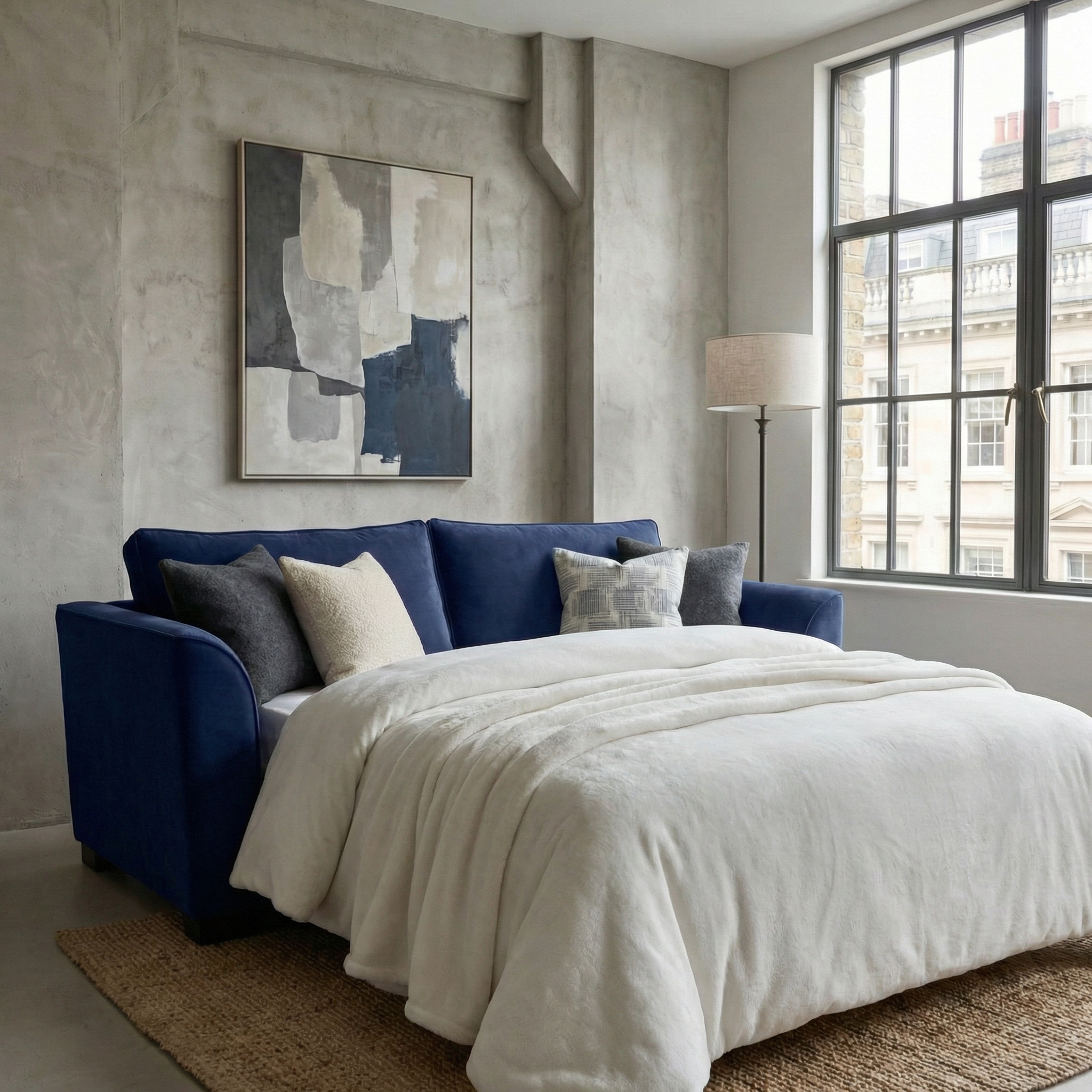 Modern bedroom featuring the Ardley 3 Seat Velvet Sofa Bed in Royal Blue, neutral pillows, abstract art, and a large window filling the space with natural light.