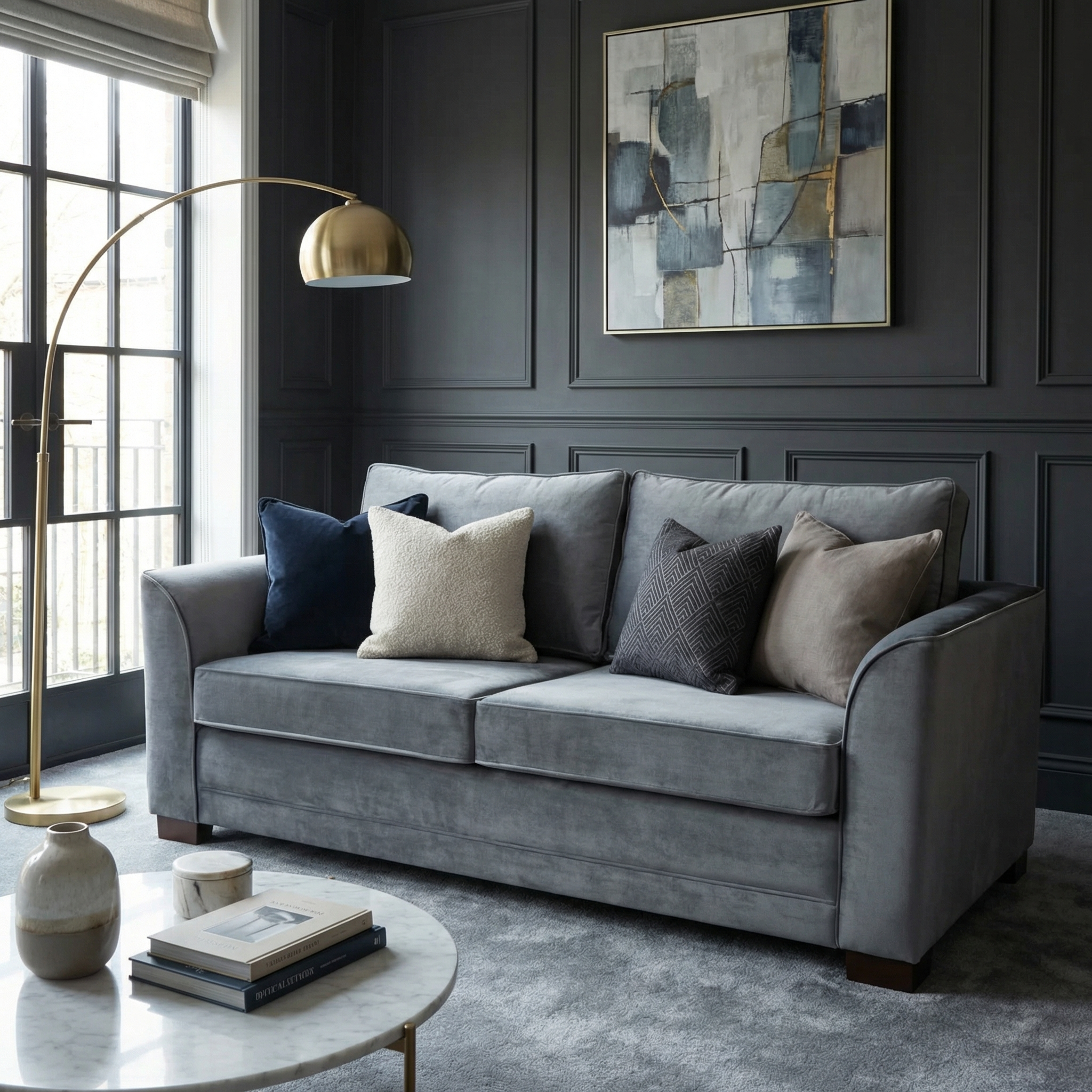 A modern living room featuring the Ardley 3 Seat Velvet Sofa Bed in Steel Grey, assorted pillows, abstract art, and a gold floor lamp.