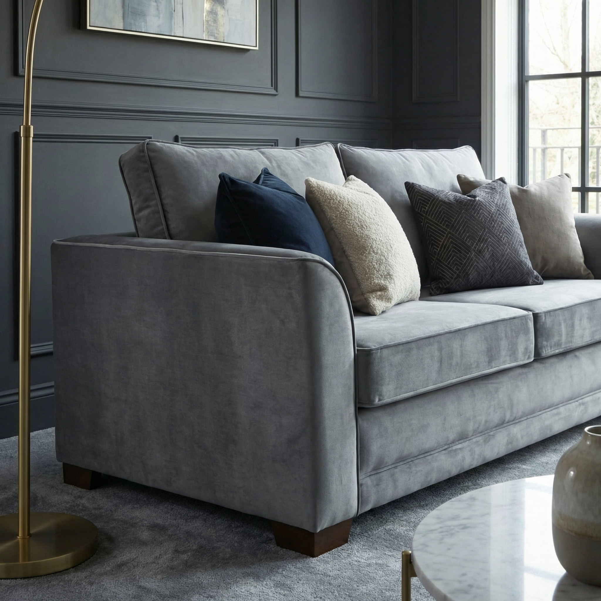 The Ardley 3 Seat Velvet Sofa Bed in Steel Grey, styled with assorted pillows, sits in a modern living room with dark walls and a marble coffee table.