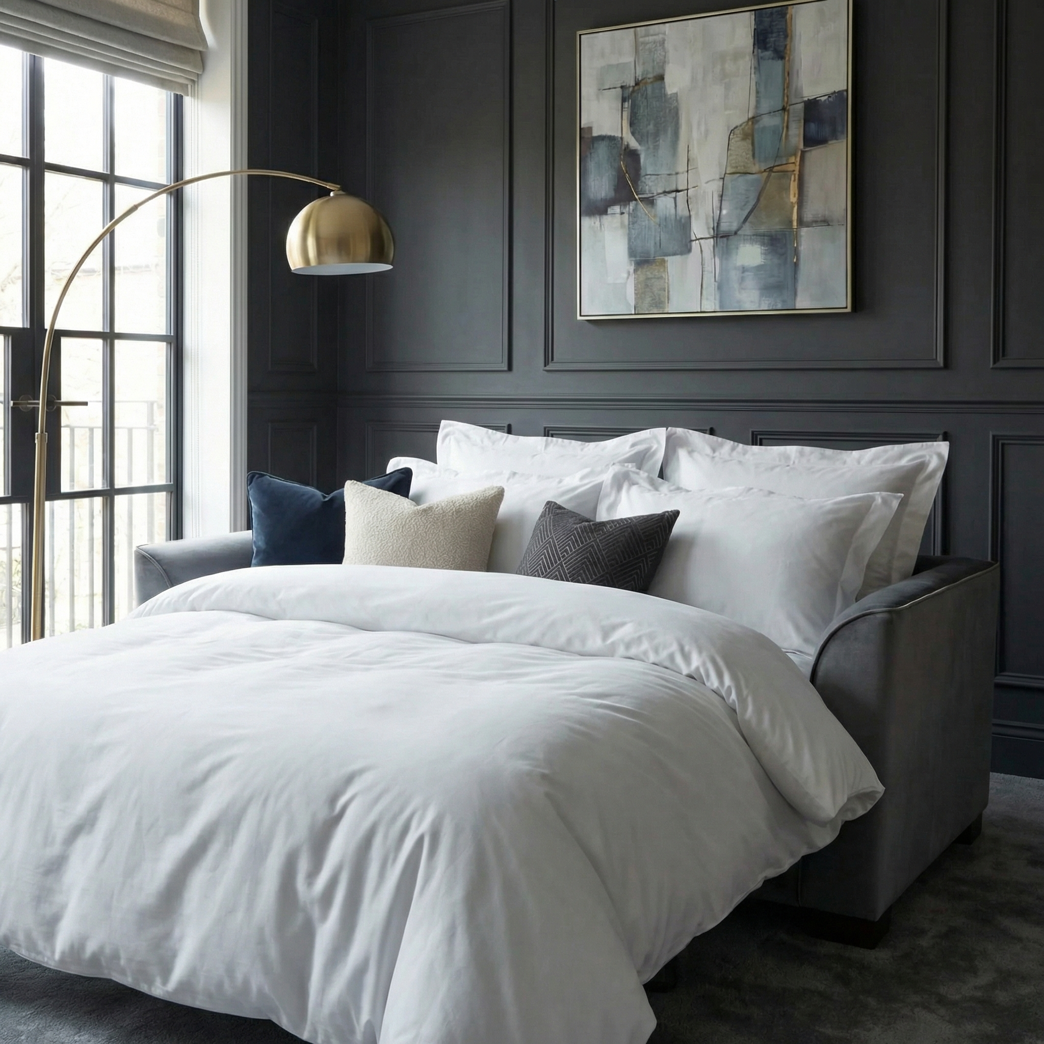 Modern bedroom with a gray accent wall, white bedding, abstract art, and the Ardley 3 Seat Velvet Sofa Bed in Steel Grey beside a gold floor lamp by the large window.
