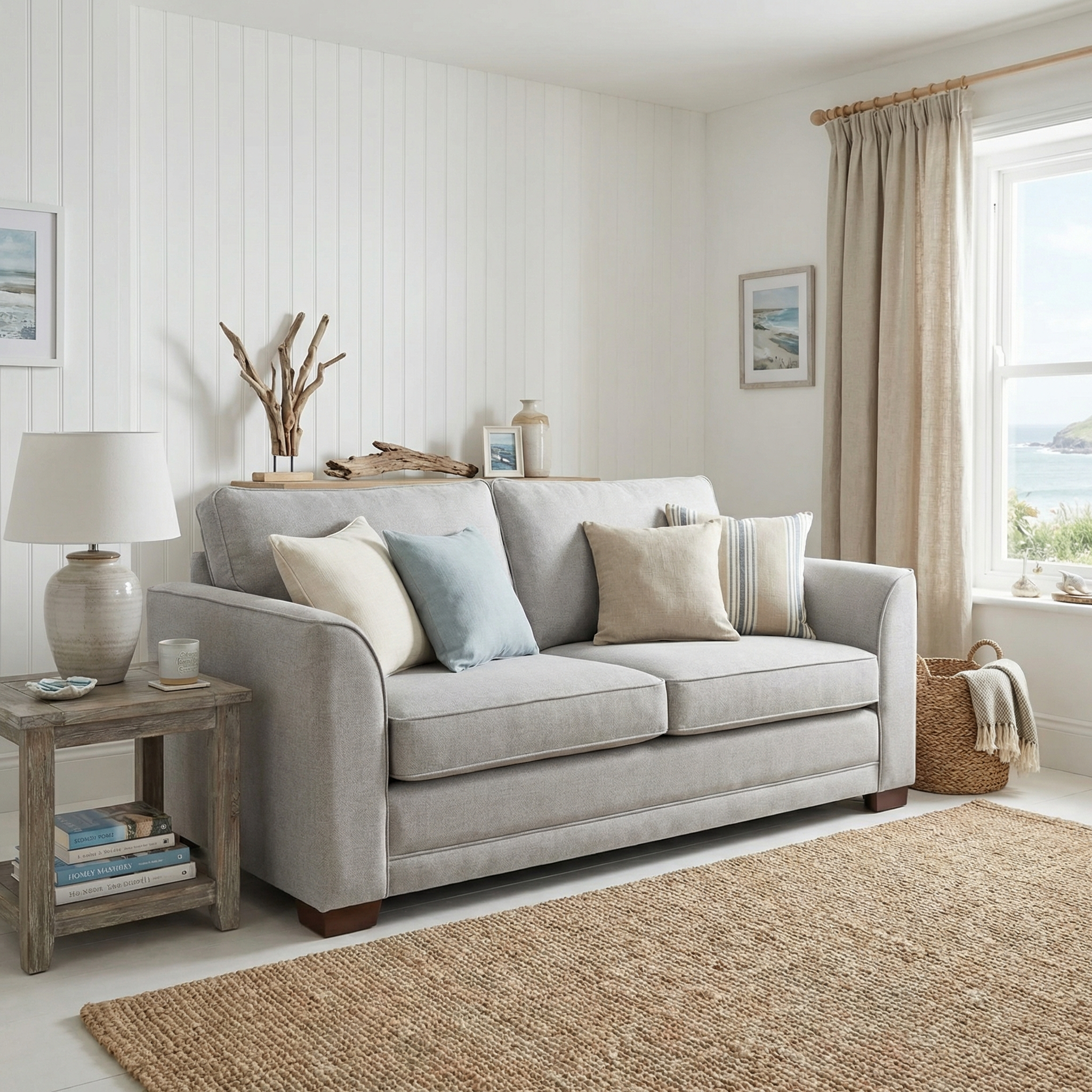 Light-filled living room with an Ardley 3 Seat Sofa Bed in Warm Grey, pocket-sprung mattress, neutral cushions, rustic table, and coastal decor.