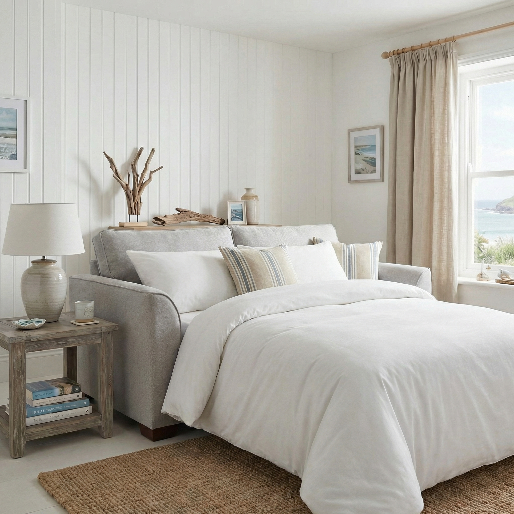 Bright bedroom featuring the British-made Ardley 3 Seat Sofa Bed in Warm Grey with a pocket-sprung mattress, white bedding, neutral décor, and a window dressed in beige curtains.