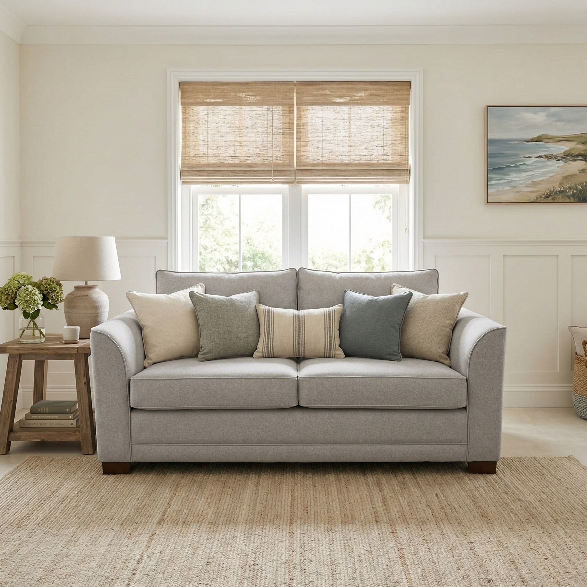 An Ardley 3 Seat Sofa Bed in Warm Grey, featuring a pocket-sprung mattress and assorted pillows, is placed in a bright living room with neutral decor and a window behind it.
