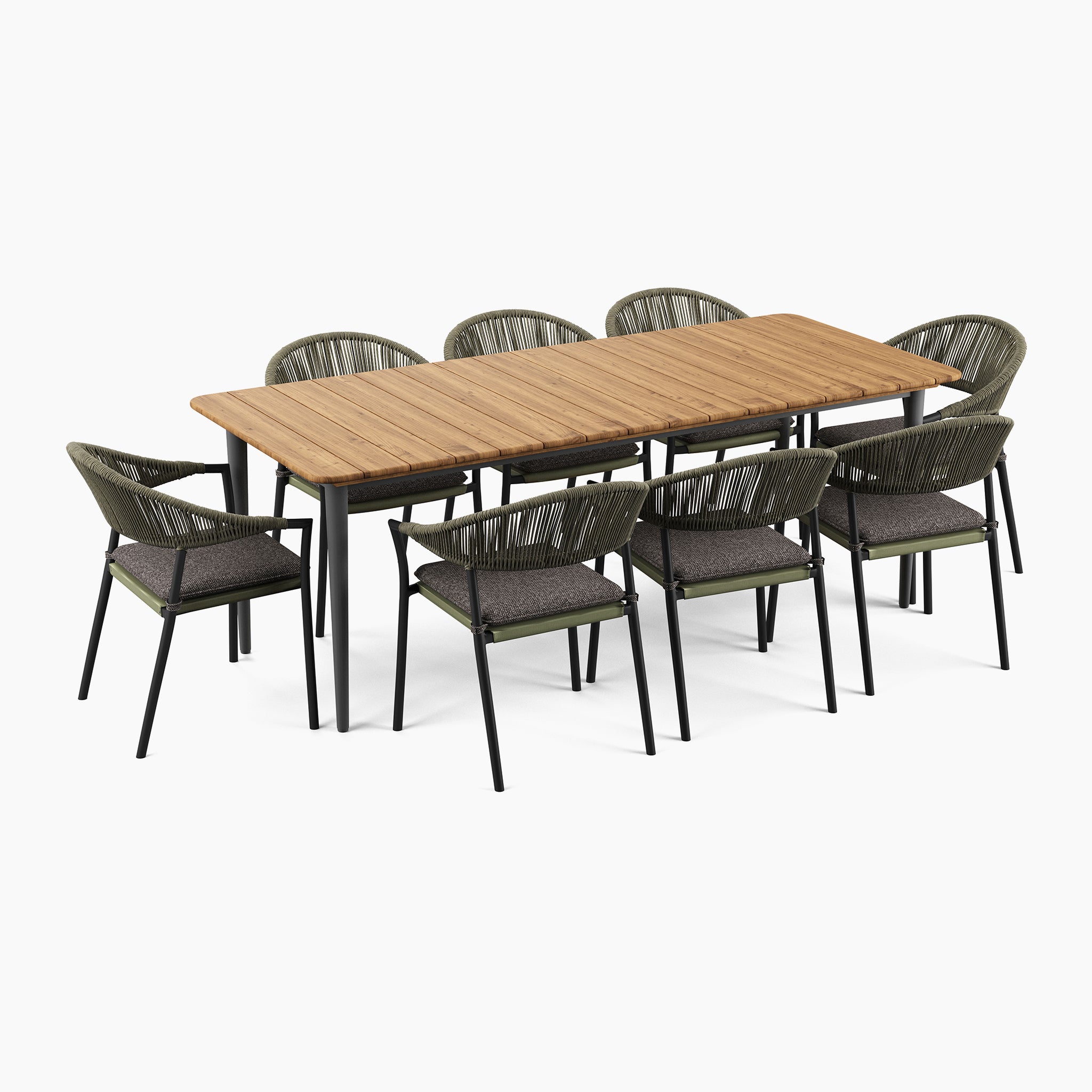 Cloverly 8 Seat Rectangular Dining with Teak Table in Olive Green