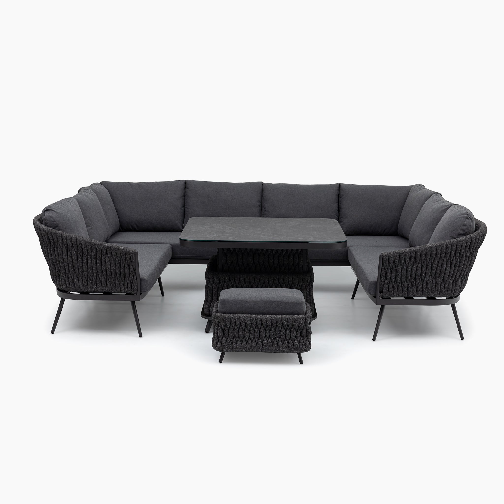 The Palma U-Shape Rope Corner Dining Set with Rising Table in Grey, featuring UV resistant fabric on dark cushions, a matching table, and an ottoman, is displayed on a white background.