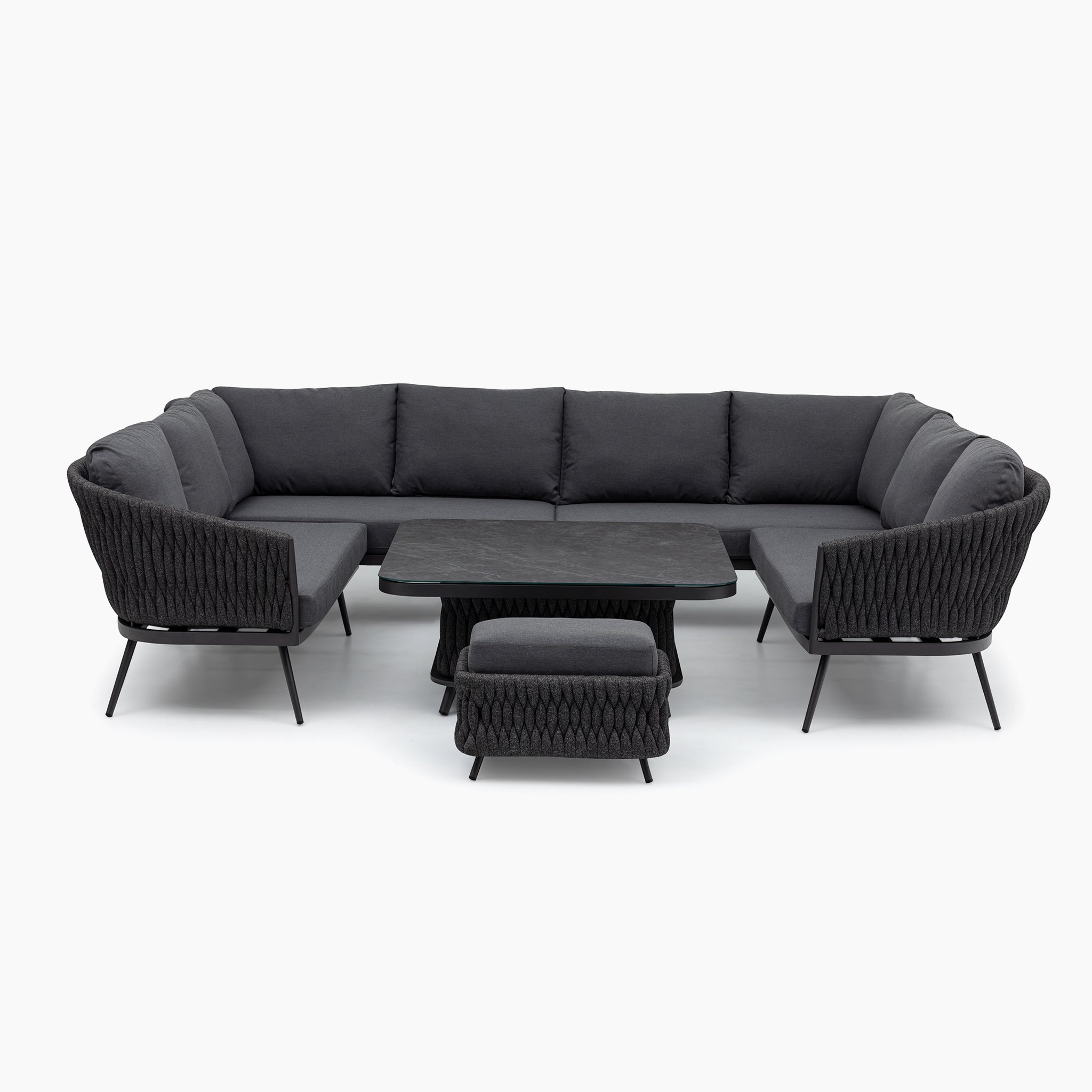 Introducing the Palma U-Shape Rope Corner Dining Set with Rising Table in Grey, featuring a cushioned sectional design, matching table and ottoman on a white background, and UV-resistant fabric for long-lasting durability.