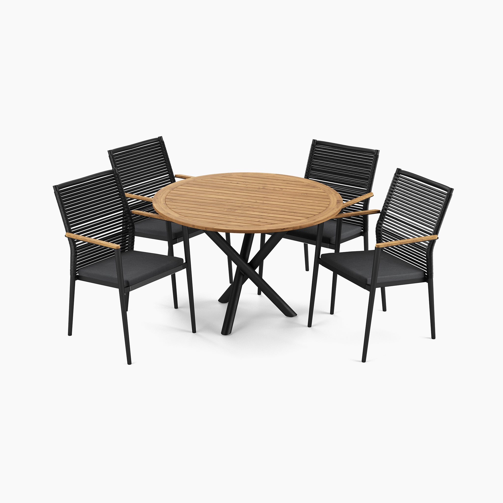 The Portland 4 Seat Round Dining Set with Teak Table in Charcoal features a round teak wood table with black metal legs, accompanied by four charcoal chairs that have flat rope weaved armrests and metal frames.