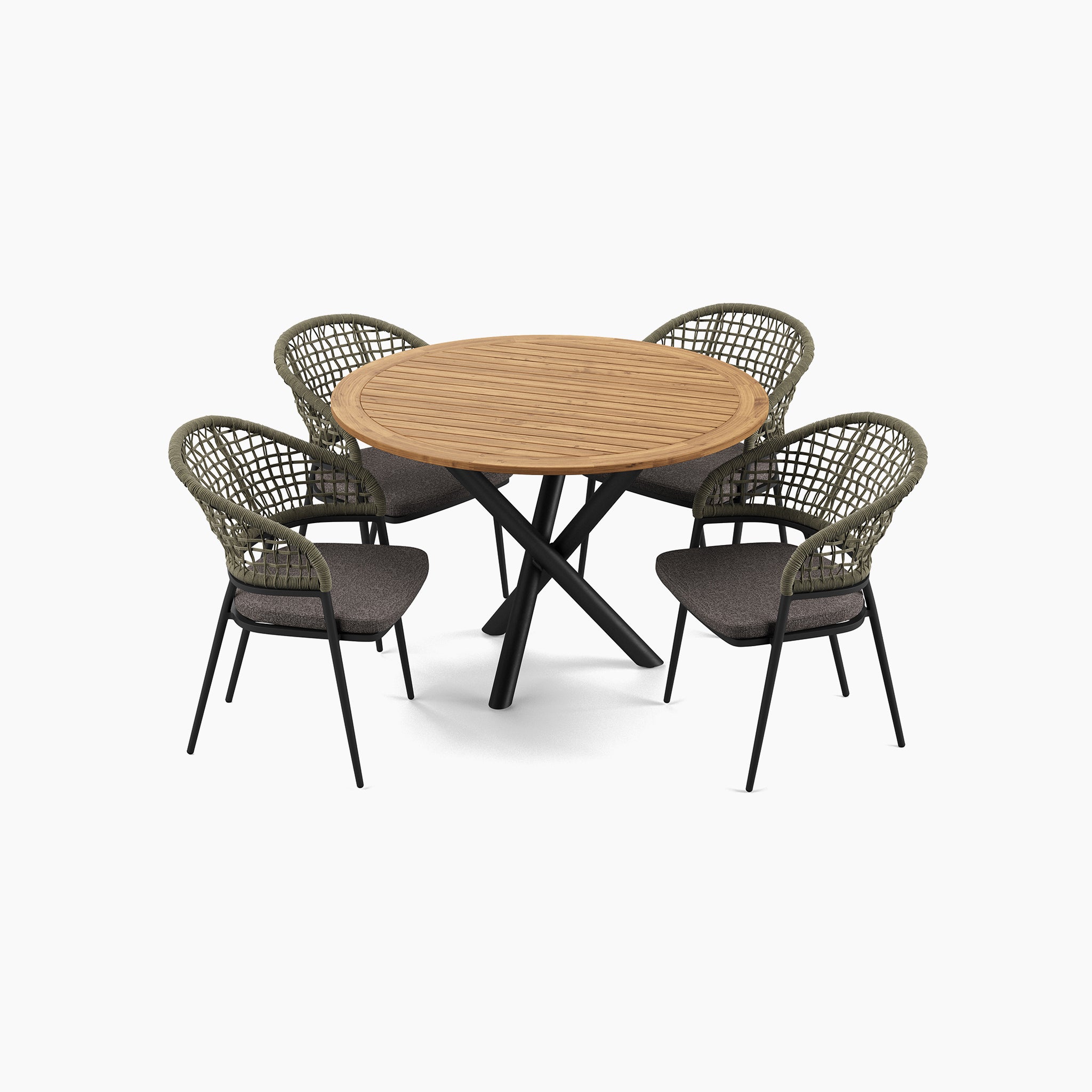 The Kalama 4 Seat Round Dining Set with a teak table in olive green includes a round teak wood dining table with a black base and four woven chairs featuring sun-proof gray cushions arranged around it.