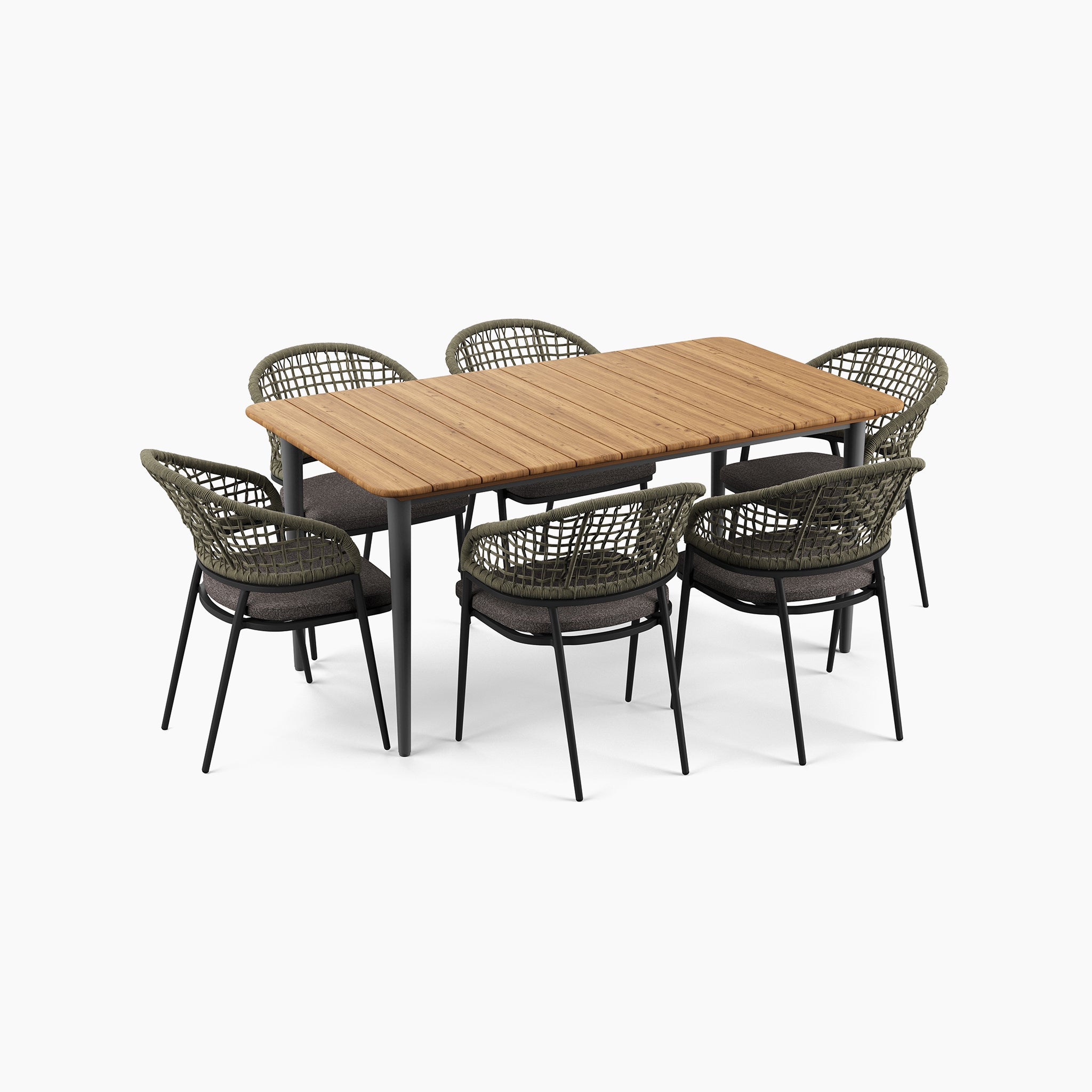 The Kalama 6 Seat Rectangular Dining Set in Olive Green features a teak table paired with six woven chairs that have weather-proof aluminium frames, arranged evenly around it.
