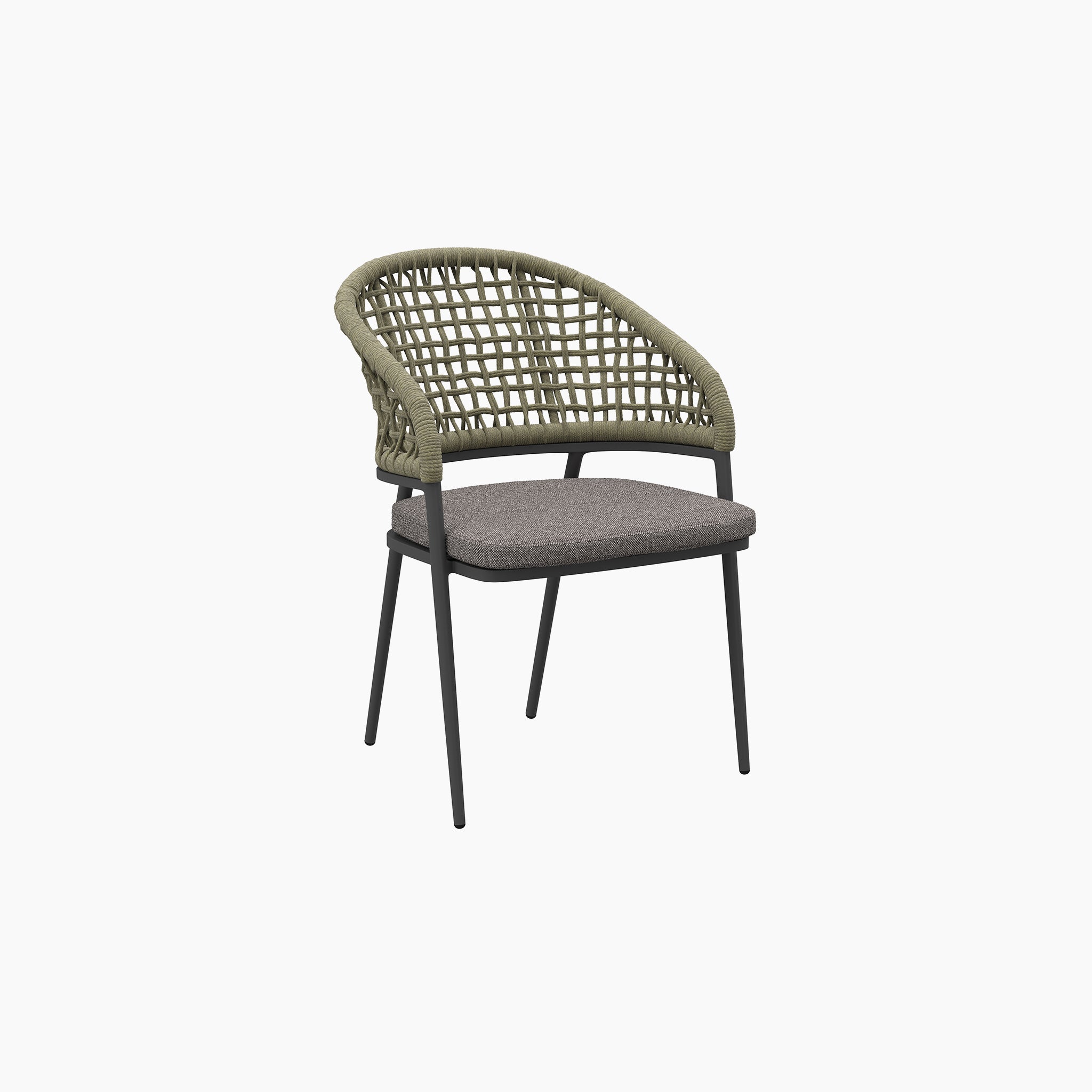 The Kalama 6 Seat Rectangular Dining Set with Teak Table in Olive Green features a modern chair with a green woven backrest, gray cushioned seat, and black metal legs on a white background. Perfectly paired with weather-proof aluminum furniture for a stylish outdoor setting.