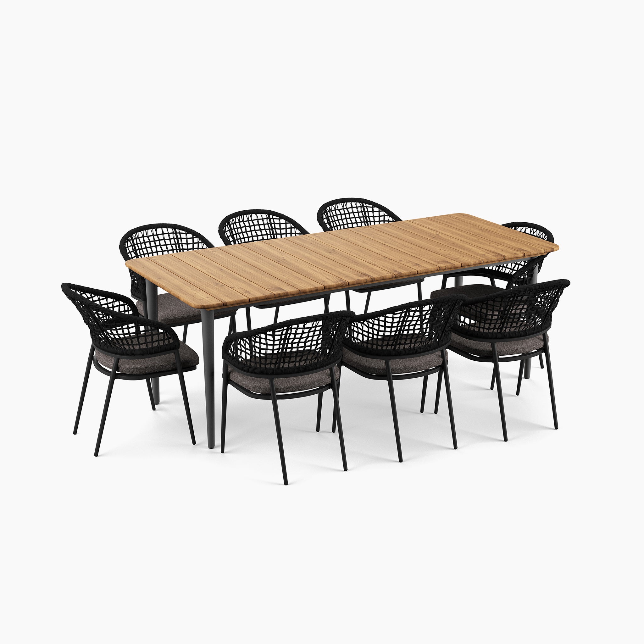 Outdoor dining set with a teak table and eight woven chairs featuring cushions, showcased on a white background. This Kalama 8 Seat Rectangular Dining Set with Teak Table in Charcoal is perfect for alfresco gatherings.