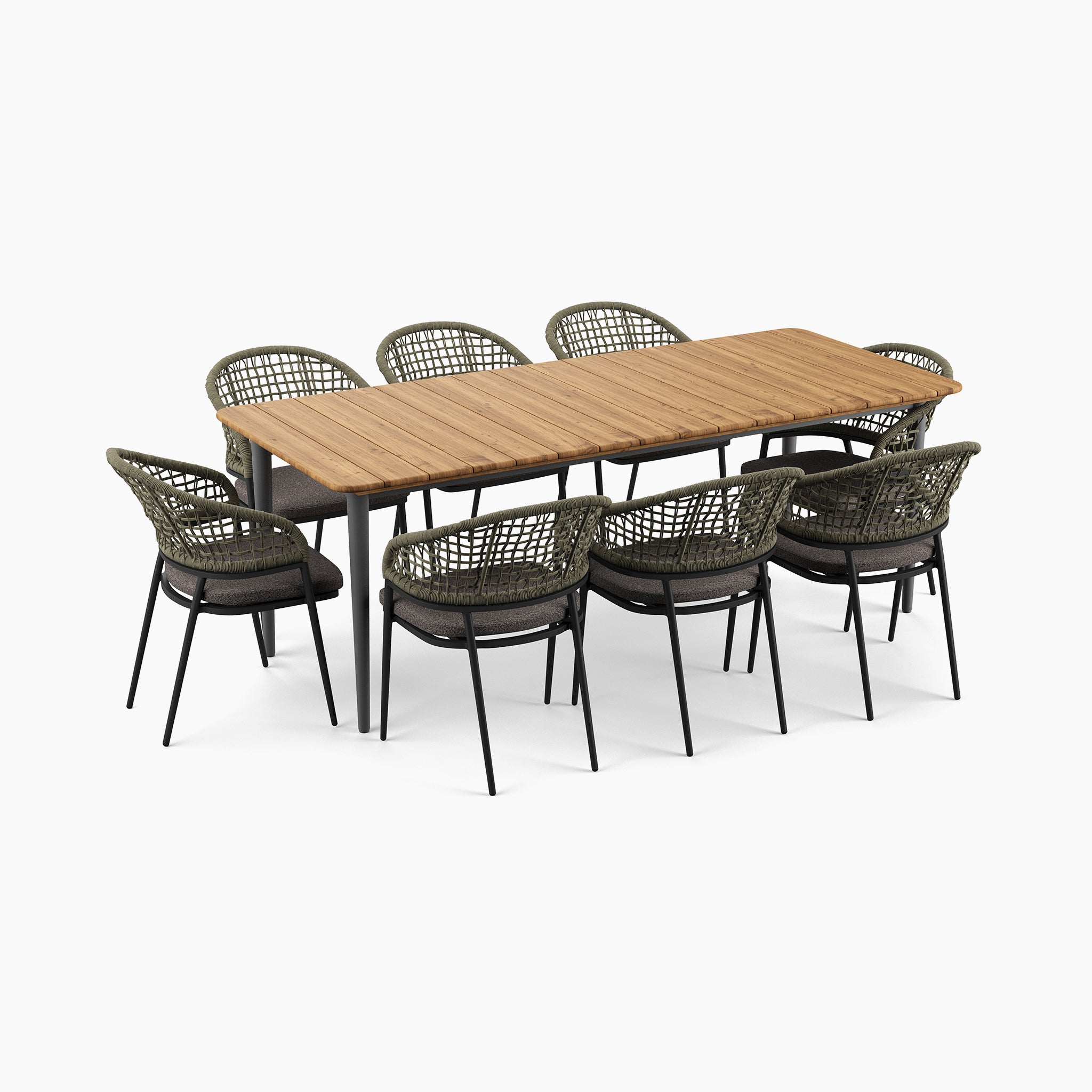The Kalama 8 Seat Rectangular Dining Set in Olive Green includes a long teak table paired with eight woven chairs, each featuring curved backs and black legs.