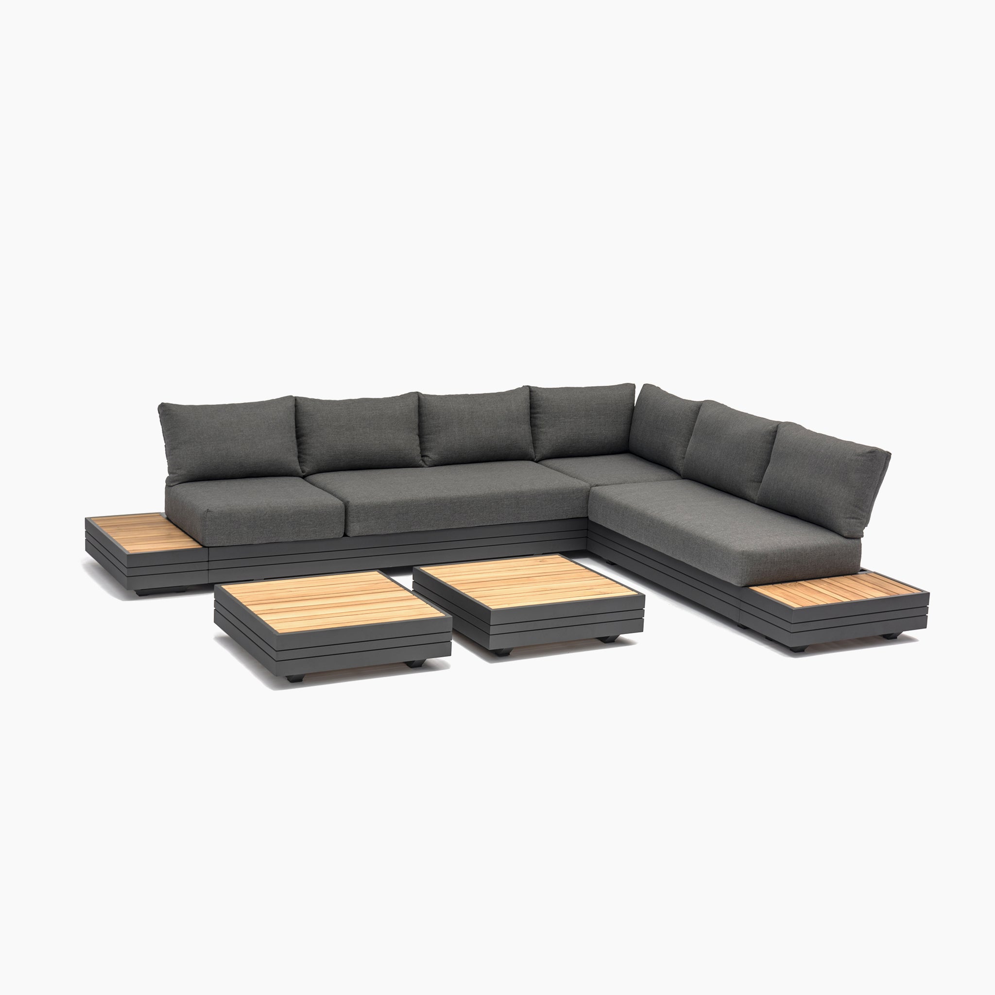 Panama Luxury Outdoor Large Corner Group Set in Charcoal with wooden side tables and matching wooden coffee tables on a white background, showcasing a luxurious modular sofa set perfect for any outdoor space.