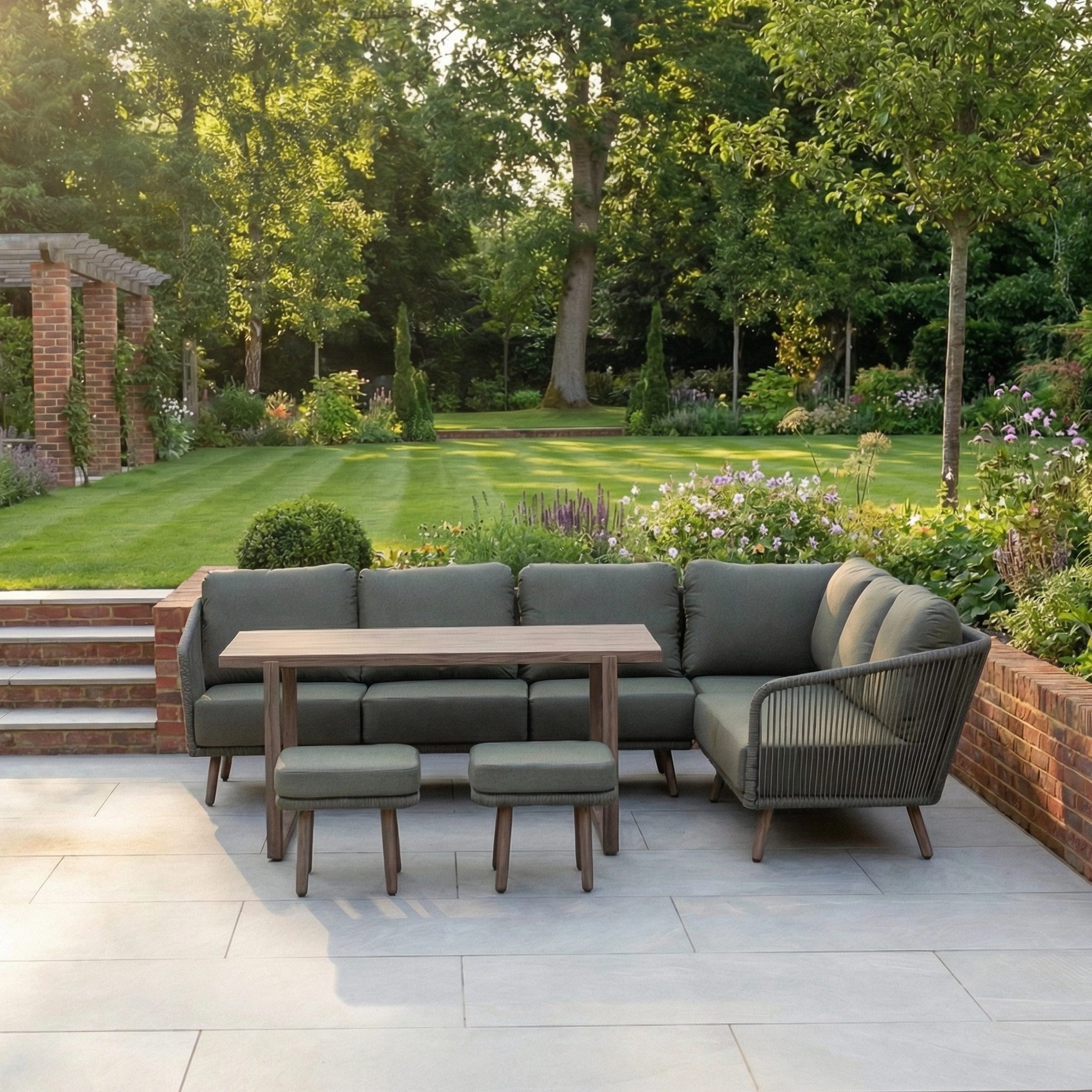 The modern patio boasts the Ascot Corner Dining Set in Forest Green—a weather-resistant modular sofa, table, and ottomans—overlooking a lush garden.