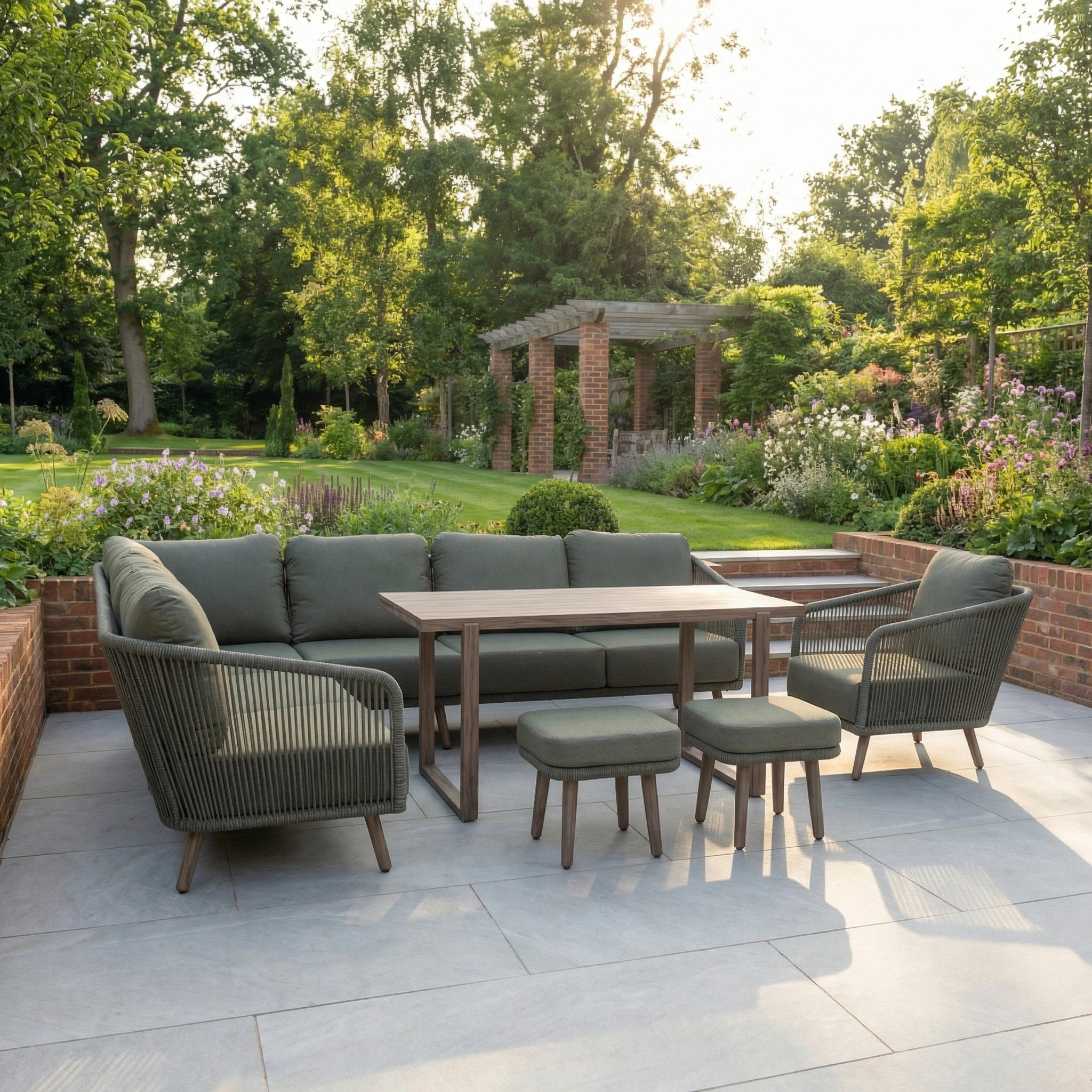 Outdoor patio with the Ascot Corner Dining Set with Armchair in Forest Green, featuring cushioned garden furniture, table, and stools amid a lush garden and trees.