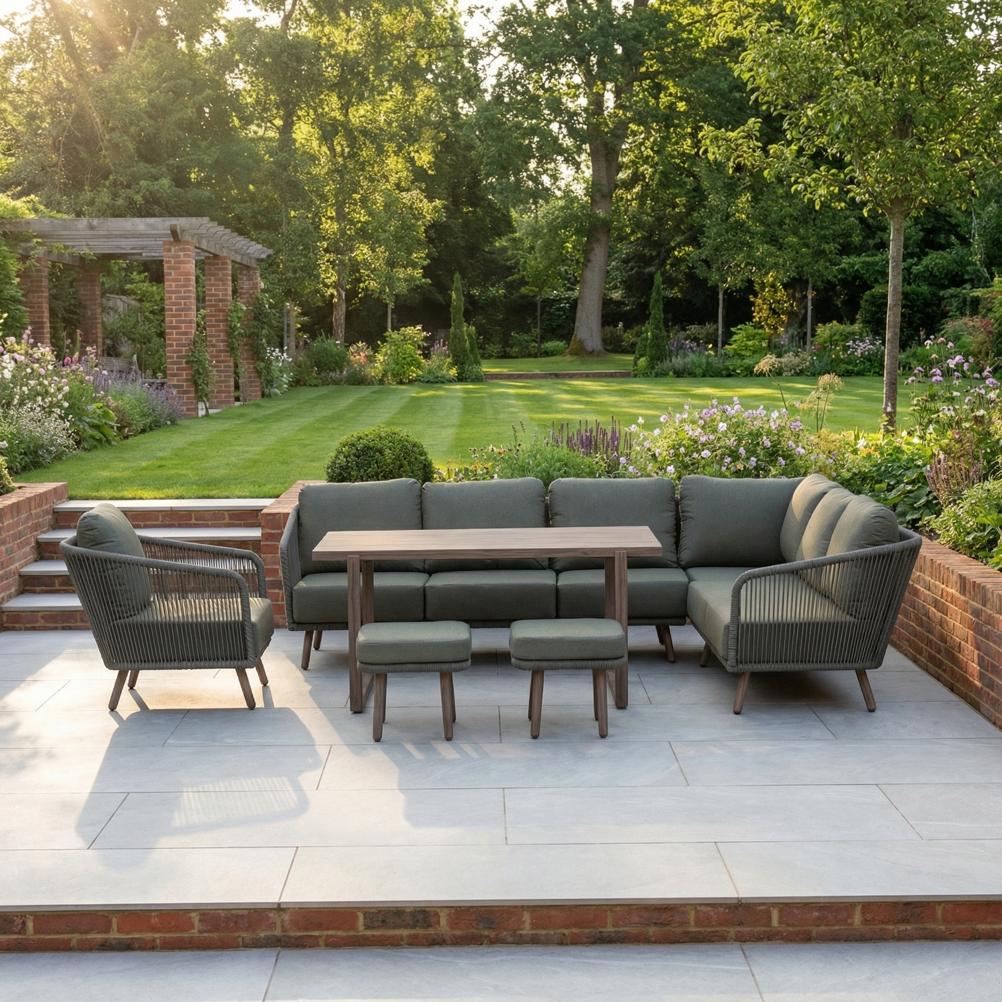The Ascot Corner Dining Set with Armchair in Forest Green brings stylish comfort to your outdoor dining on a tiled terrace overlooking a lush garden with trees and flowers.