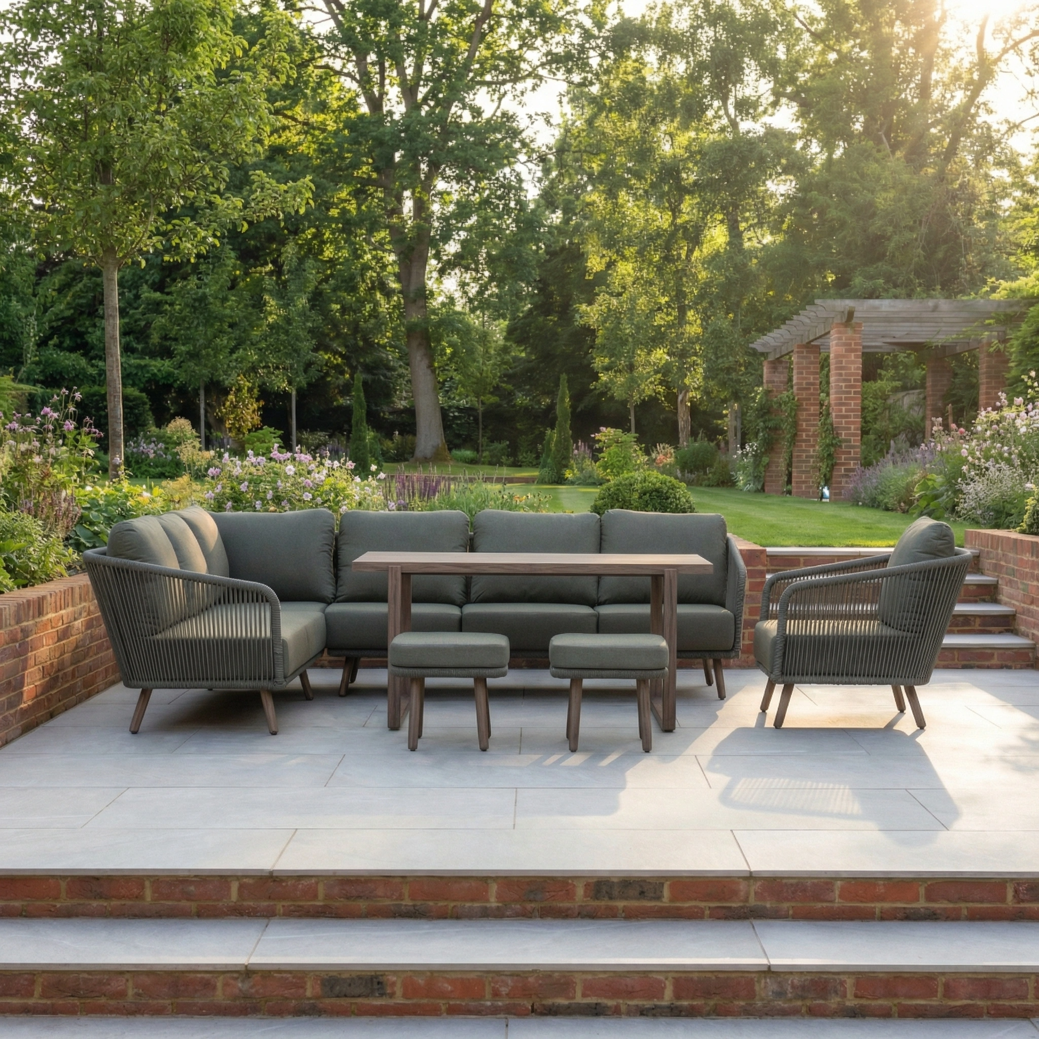Outdoor patio featuring the Ascot Corner Dining Set with Armchair in Forest Green, including cushioned furniture, table, and stools, all set amid gardens and sunlit trees.