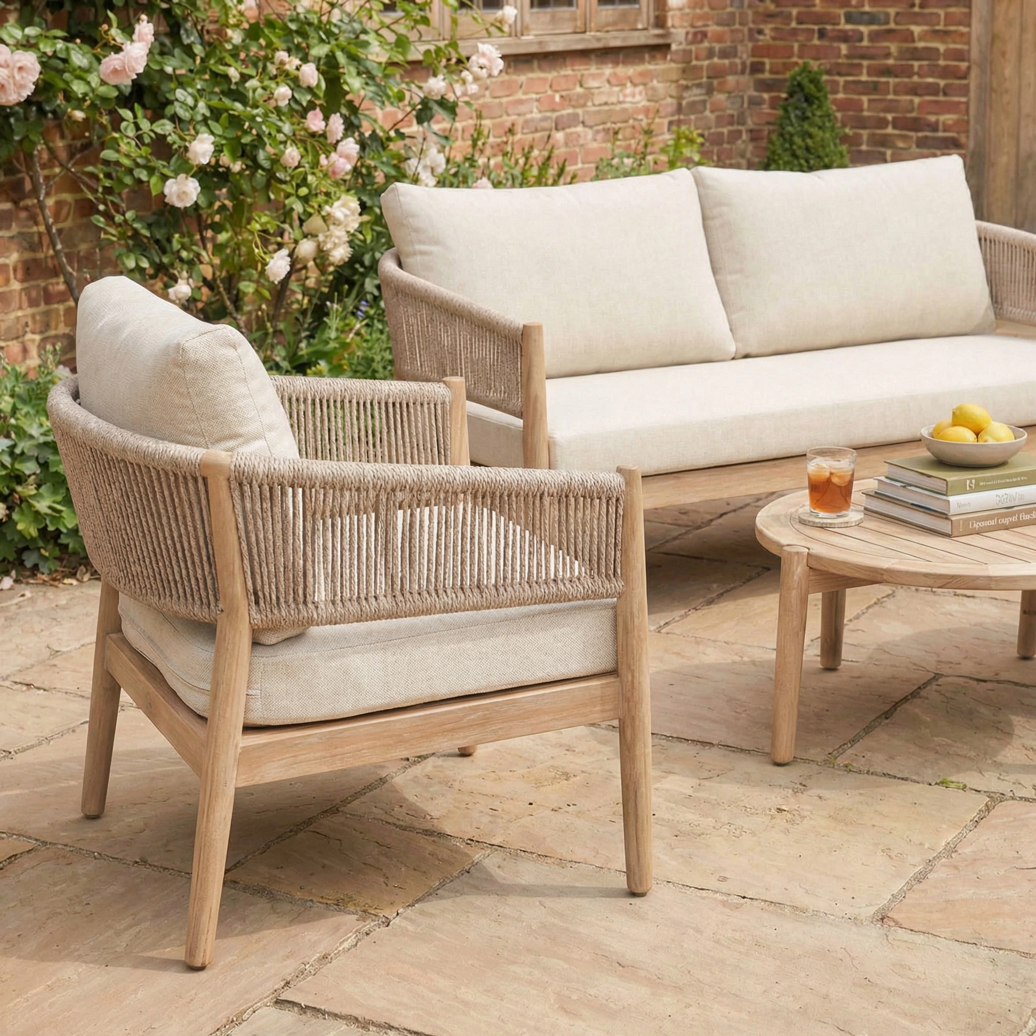 Enhance your space with the Astoria 2 Seat Sofa Set in Ash Grey, featuring beige cushions and a round wooden table for drinks and books, all showcased on stone flooring for a stylish garden look.