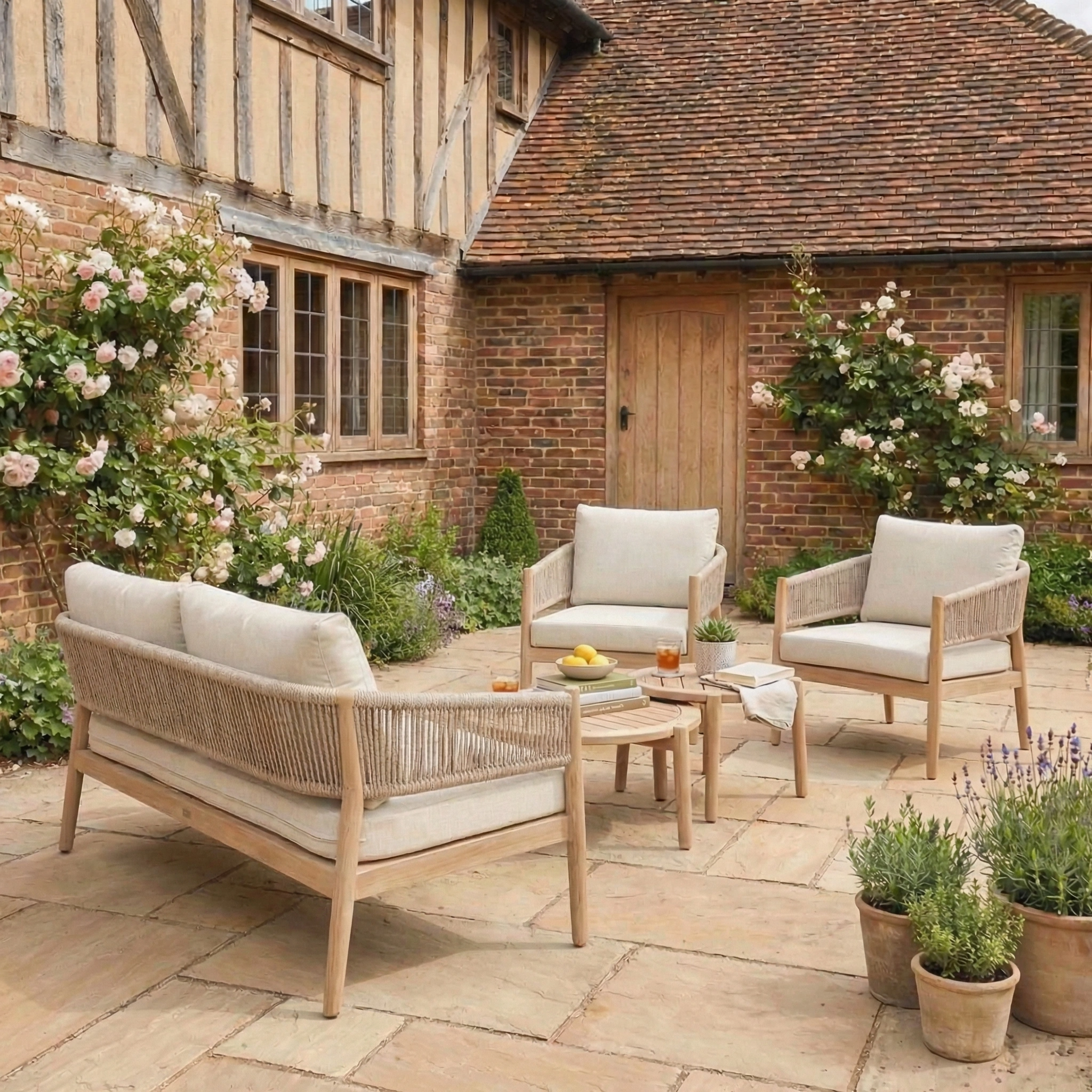 Outdoor patio with the Astoria 2 Seat Sofa Set in Ash Grey, a small table with drinks, and potted plants by a rustic house.