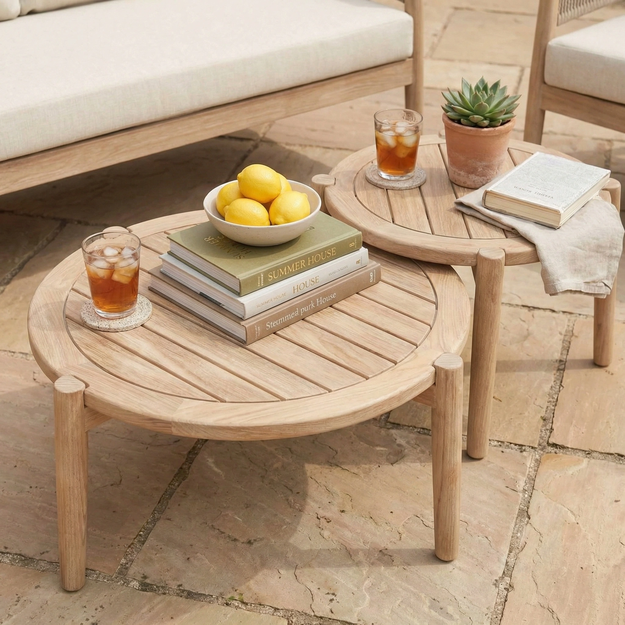 Two wooden patio tables accent the Astoria 2 Seat Sofa Set in Ash Grey, styled with books, iced tea, lemons, a potted succulent, and an open book for a welcoming touch to your garden furniture ensemble.