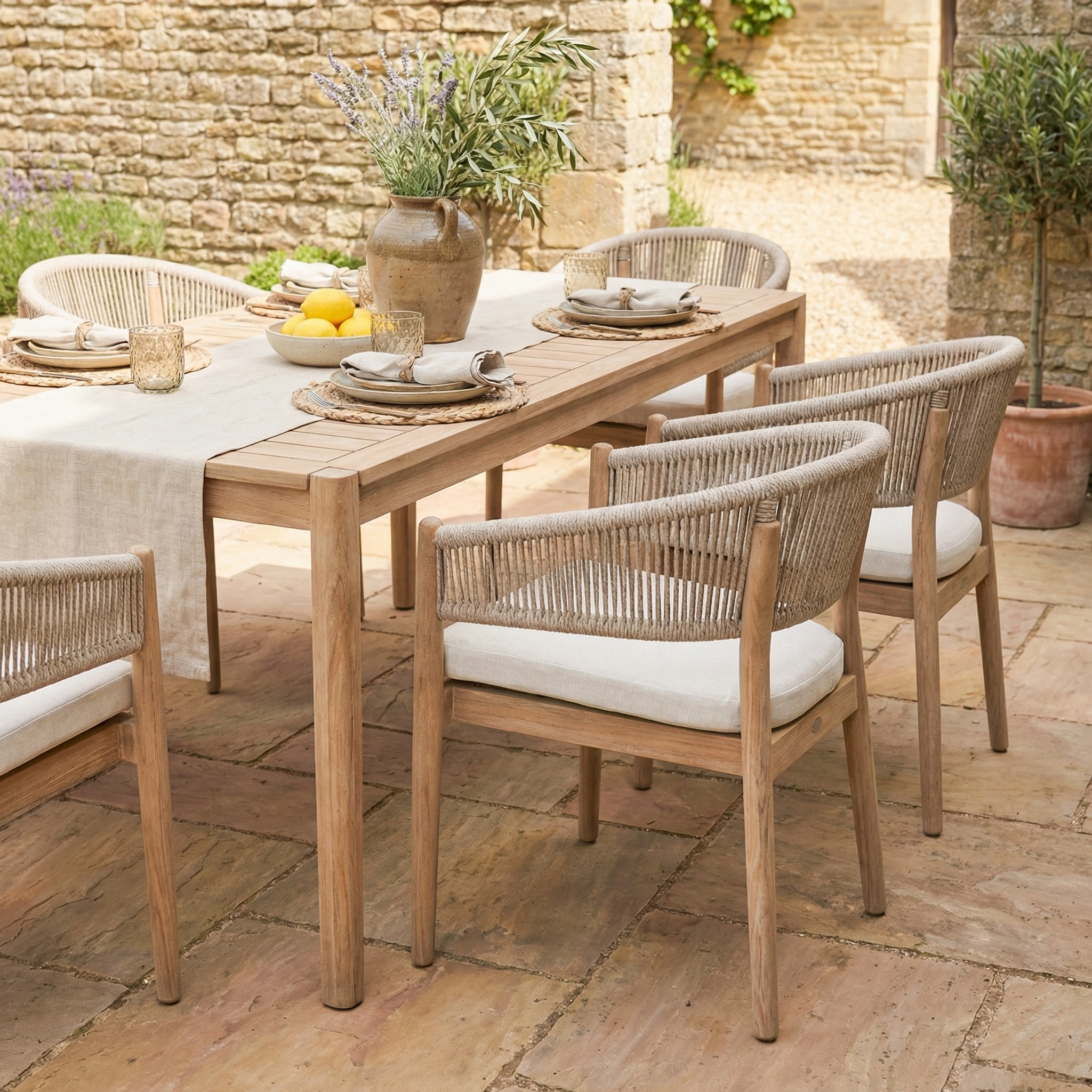 The Astoria 6 Seat Rectangular Dining Set in Ash Grey includes a wooden table and six matching chairs, styled with plates, glasses, and a vase of flowers on a stone patio.