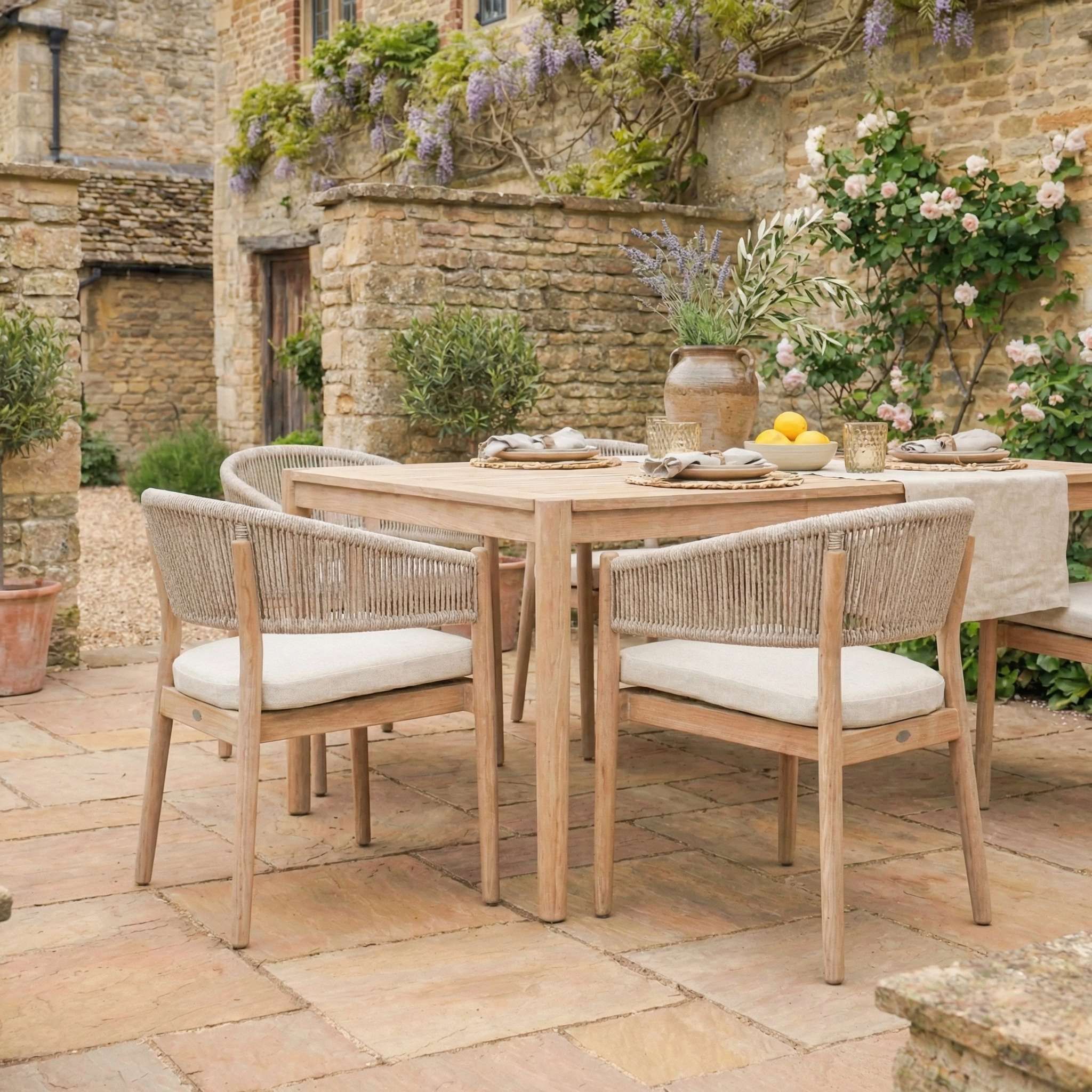 The Astoria 6 Seat Rectangular Dining Set in Ash Grey, arranged in a rustic garden with stone walls and blooming flowers, creates an inviting outdoor dining space for gatherings.