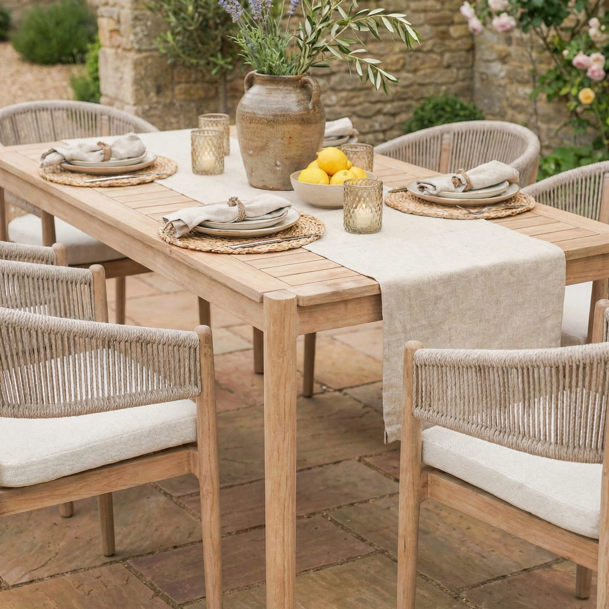 The Astoria 6 Seat Rectangular Dining Set in Ash Grey includes six chairs with neutral linens, a vase, glasses, and a bowl of lemons—perfect for stylish contemporary outdoor dining.