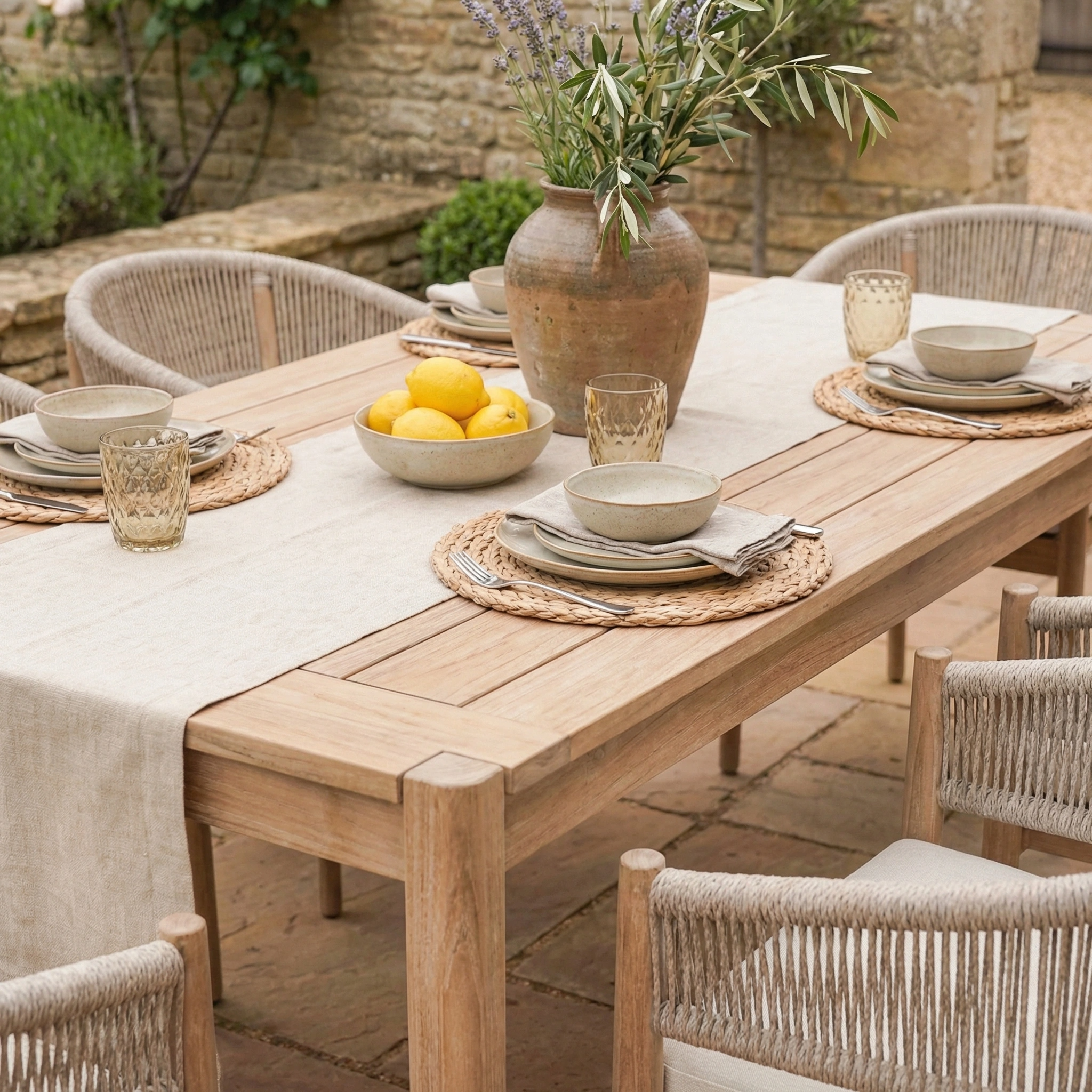 The Astoria 6 Seat Rectangular Dining Set in Ash Grey, with neutral dishes, lemons in a bowl, and a vase of lavender and greenery, makes an inviting rustic centerpiece for any outdoor gathering.