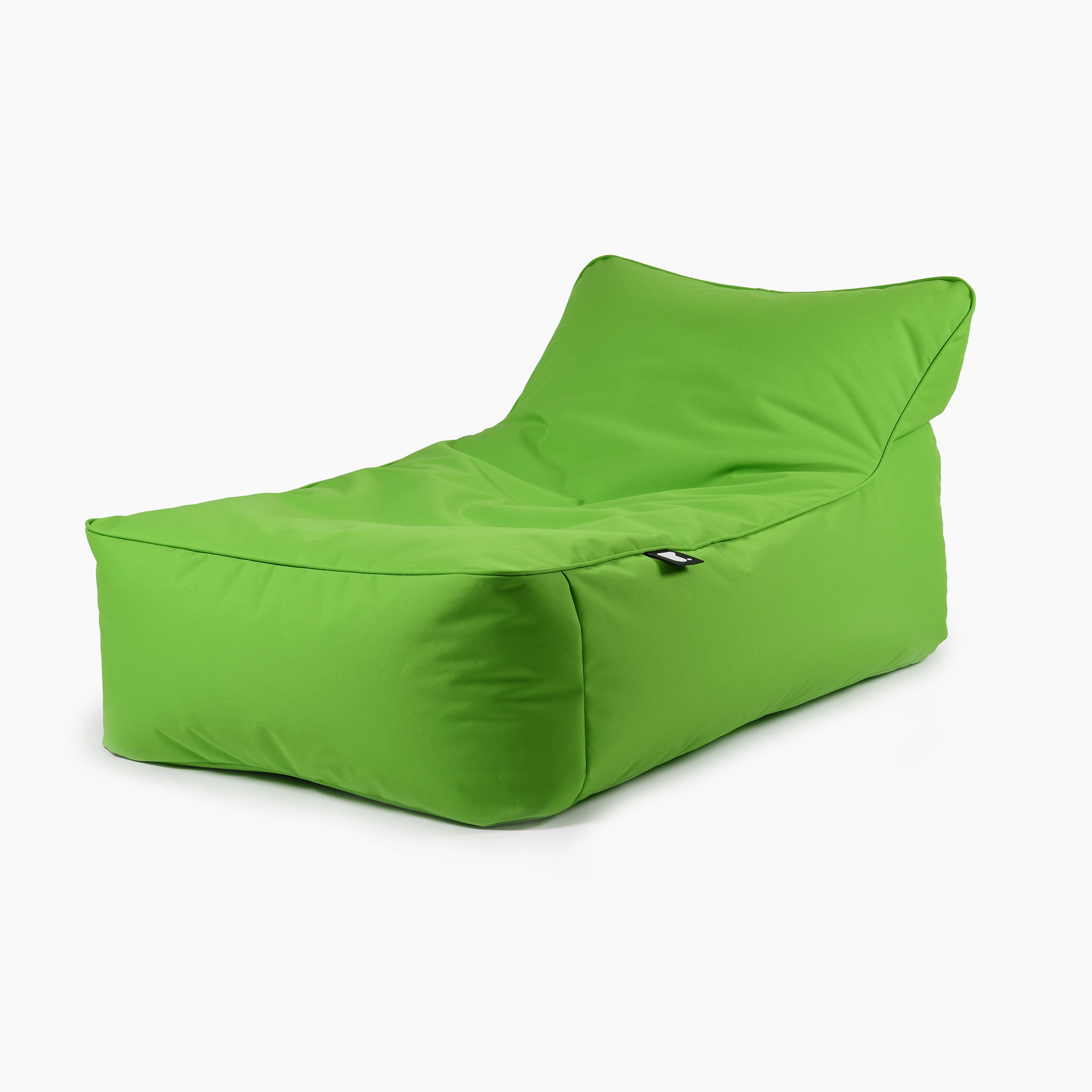 The lime green Outdoor B-Bed, with its cushioned seat, durable double-stitched fabric, and polybead filling for maximum comfort, features a comfortable backrest and is placed against a white background.