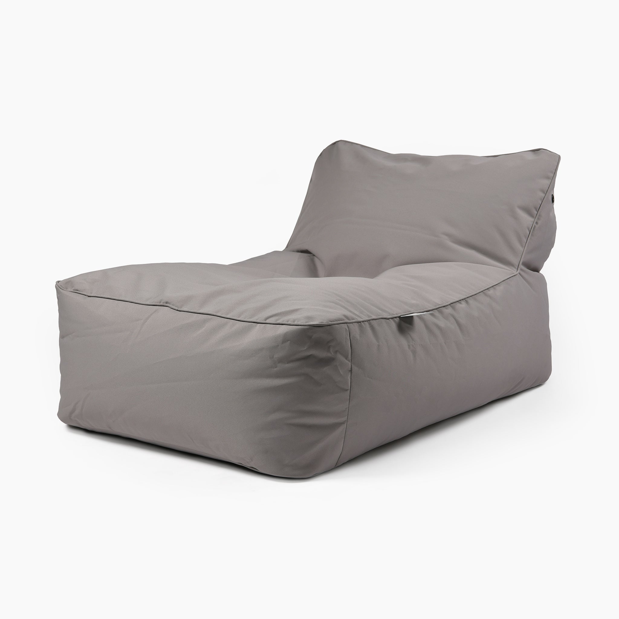 The Outdoor B-Bed in Silver Grey, a modern-style bean bag chair with a backrest and comfortable polybead filling, sits elegantly on a white background.