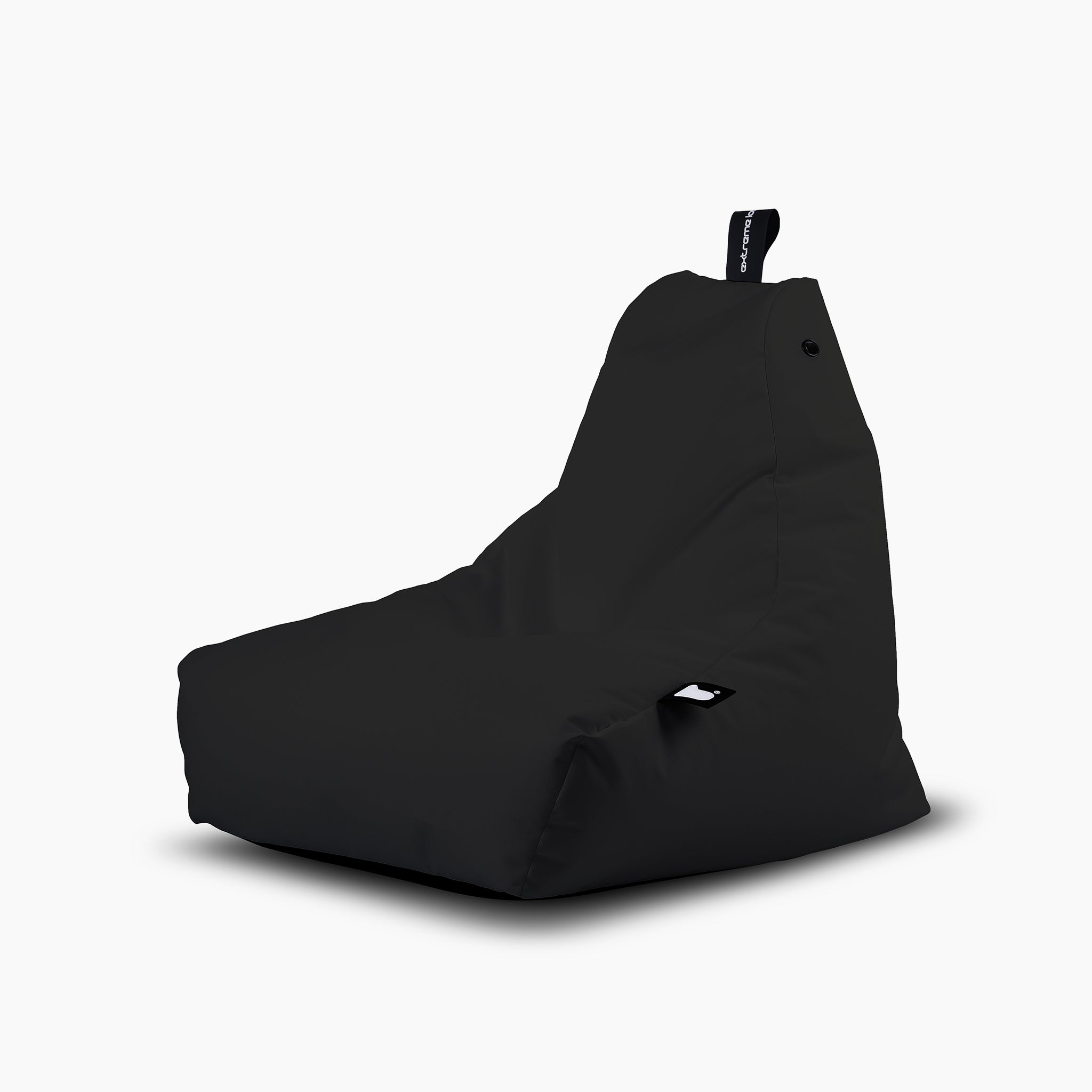 The Outdoor Mini B-Bag in Black is a durable bean bag chair featuring a high backrest, a small top handle, and waterproof fabric.
