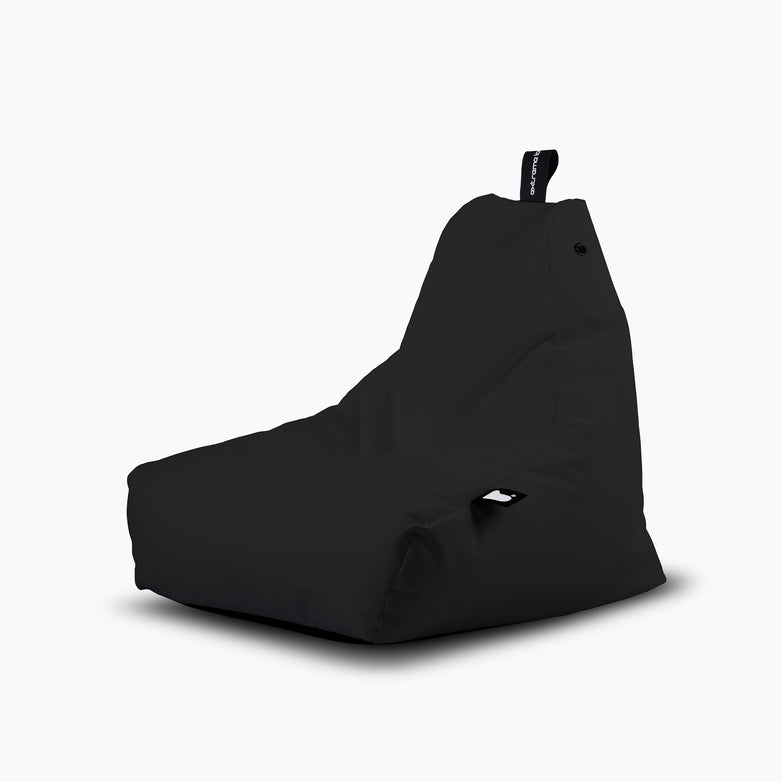 The Outdoor Mini B-Bag in Black is a durable bean bag chair featuring a high backrest, a small top handle, and waterproof fabric.