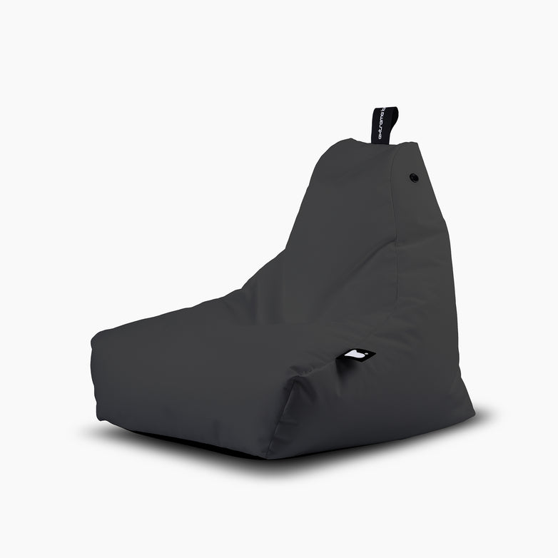 Outdoor Mini B-Bag in Grey, featuring a backrest, fabric handle and tag on the top, crafted from fade-resistant, waterproof fabric, set against a white background.