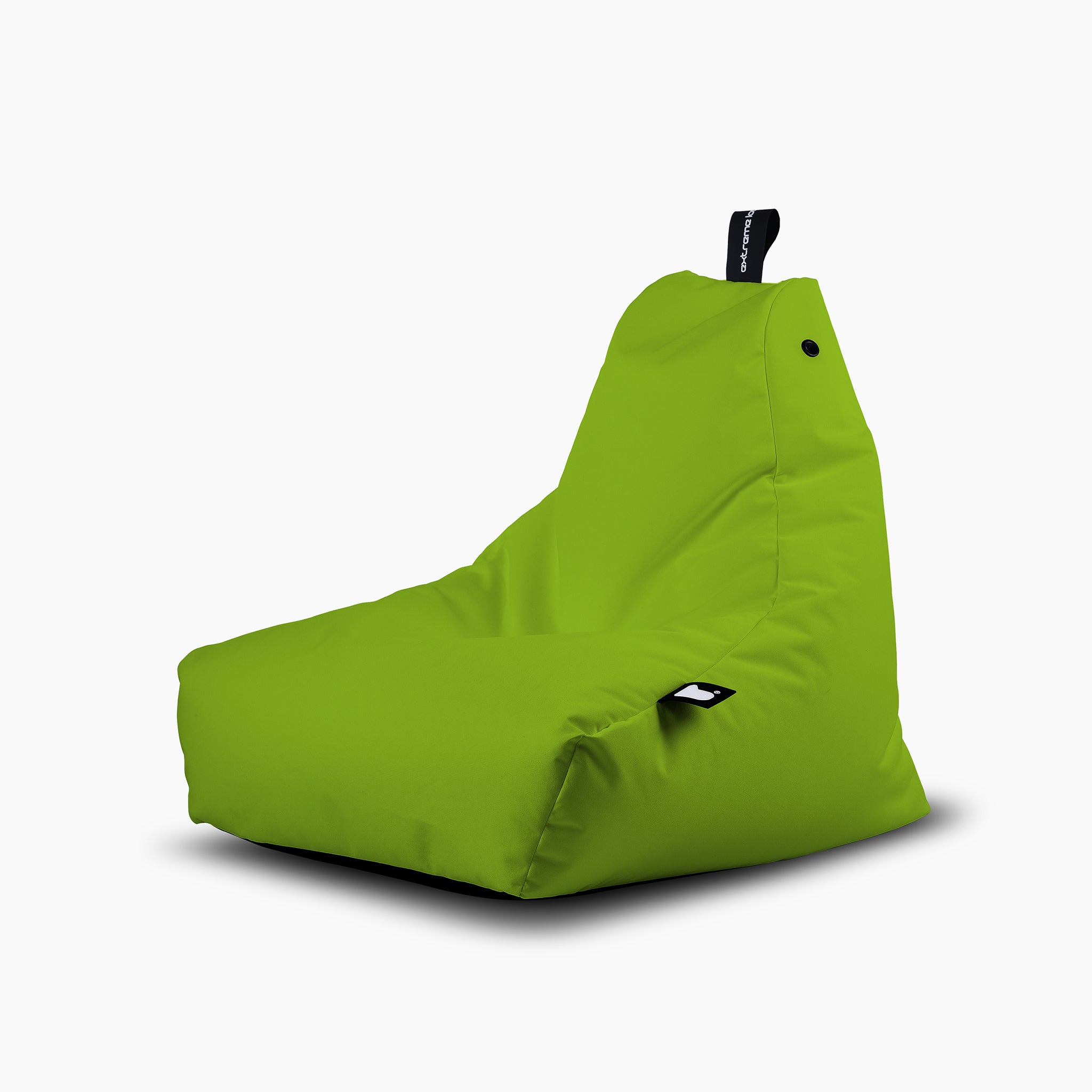 The Outdoor Mini B-Bag in Lime is a bright green, triangular bean bag chair crafted from fade-resistant, waterproof fabric, featuring a black tag on the top and side, all set against a white background.