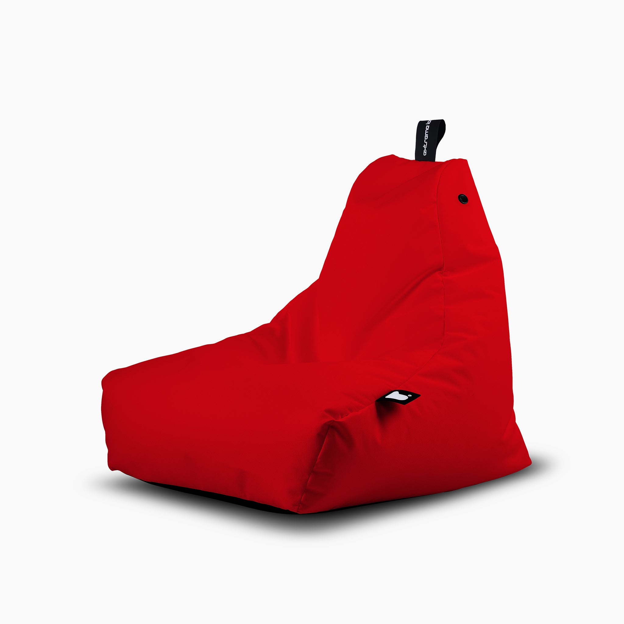 An Outdoor Mini B-Bag in Red, featuring a backrest and crafted from fade-resistant fabric, with a small black tag hanging from the top.