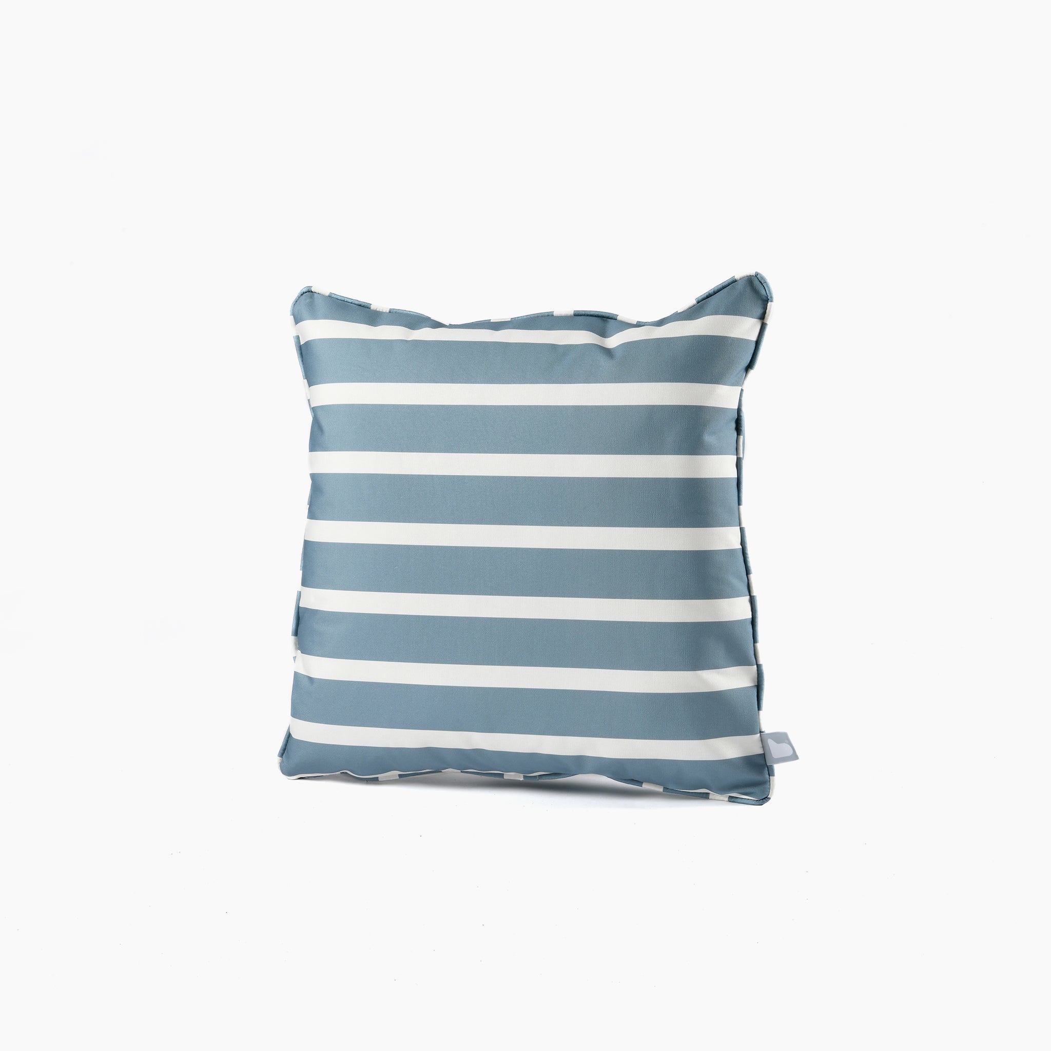 Outdoor Awning Stripe B-Cushion in Sea Blue, featuring breathable polyester in a square blue and white striped design against a white background.