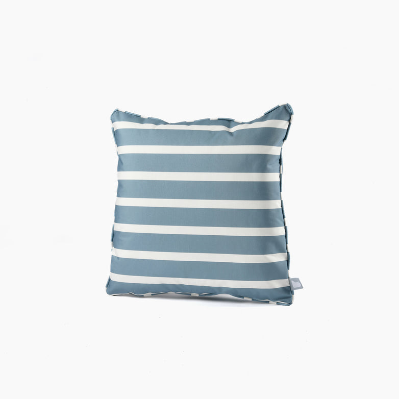 Outdoor Awning Stripe B-Cushion in Sea Blue, featuring breathable polyester in a square blue and white striped design against a white background.