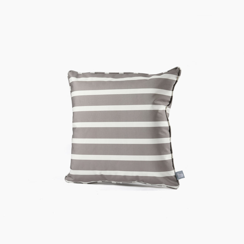 The Outdoor Awning Stripe B-Cushion in Silver Grey, featuring horizontal beige and white stripes and crafted from splash-proof polyester, is showcased against a plain white background.