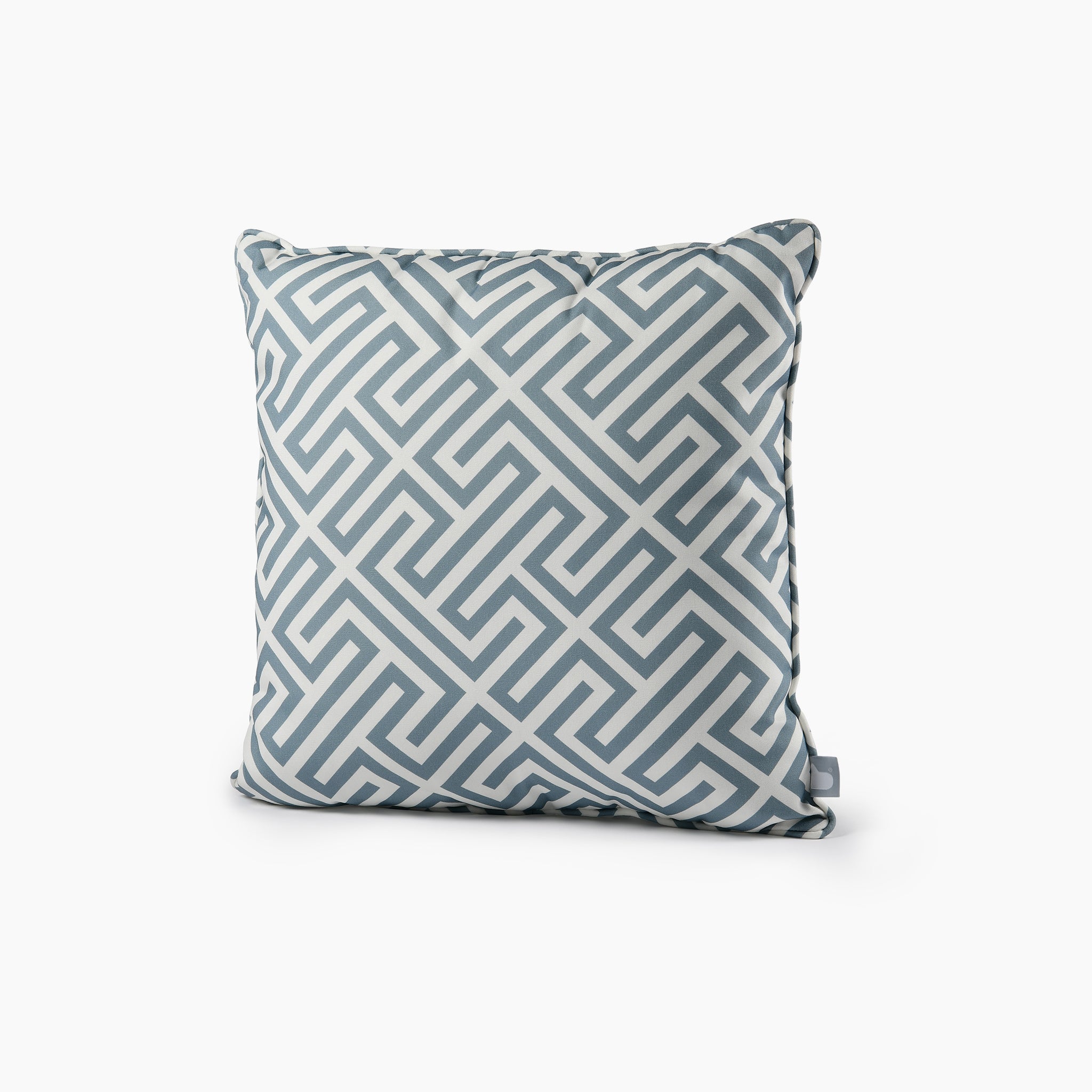 The Outdoor Maze B-Cushion in Sea Blue features a square design with a geometric, maze-like pattern in shades of sea blue and white. This splash-proof cushion adds a stylish touch to outdoor spaces while being UV resistant for lasting vibrancy. It perfectly complements B-bag cushions.