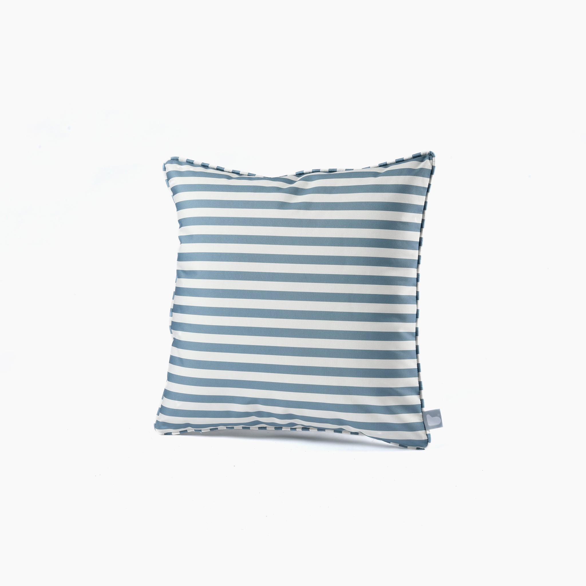 The Outdoor Pencil Stripe B-Cushion in Sea Blue features alternating blue and white horizontal stripes against a white background, made from splash-proof fabric.