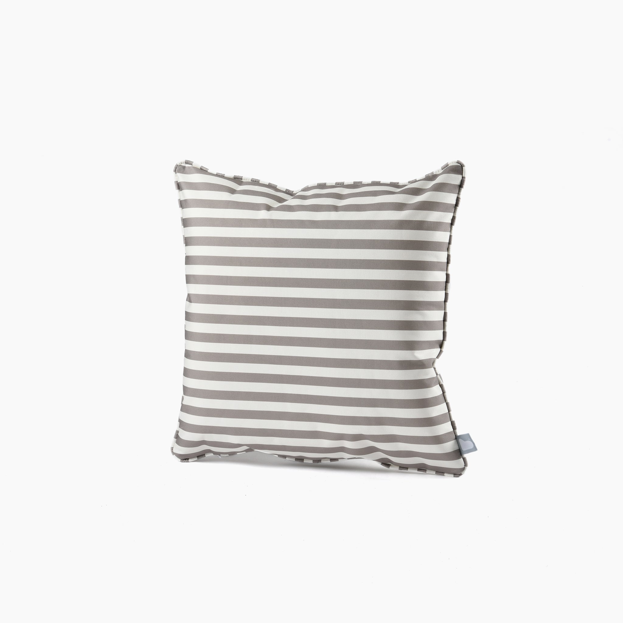 The Outdoor Pencil Stripe B-Cushion in Silver Grey showcases grey and white horizontal stripes against a white background, made from UV-resistant material.