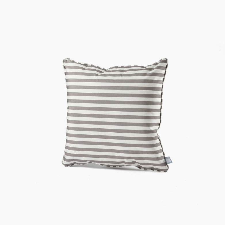 The Outdoor Pencil Stripe B-Cushion in Silver Grey showcases grey and white horizontal stripes against a white background, made from UV-resistant material.
