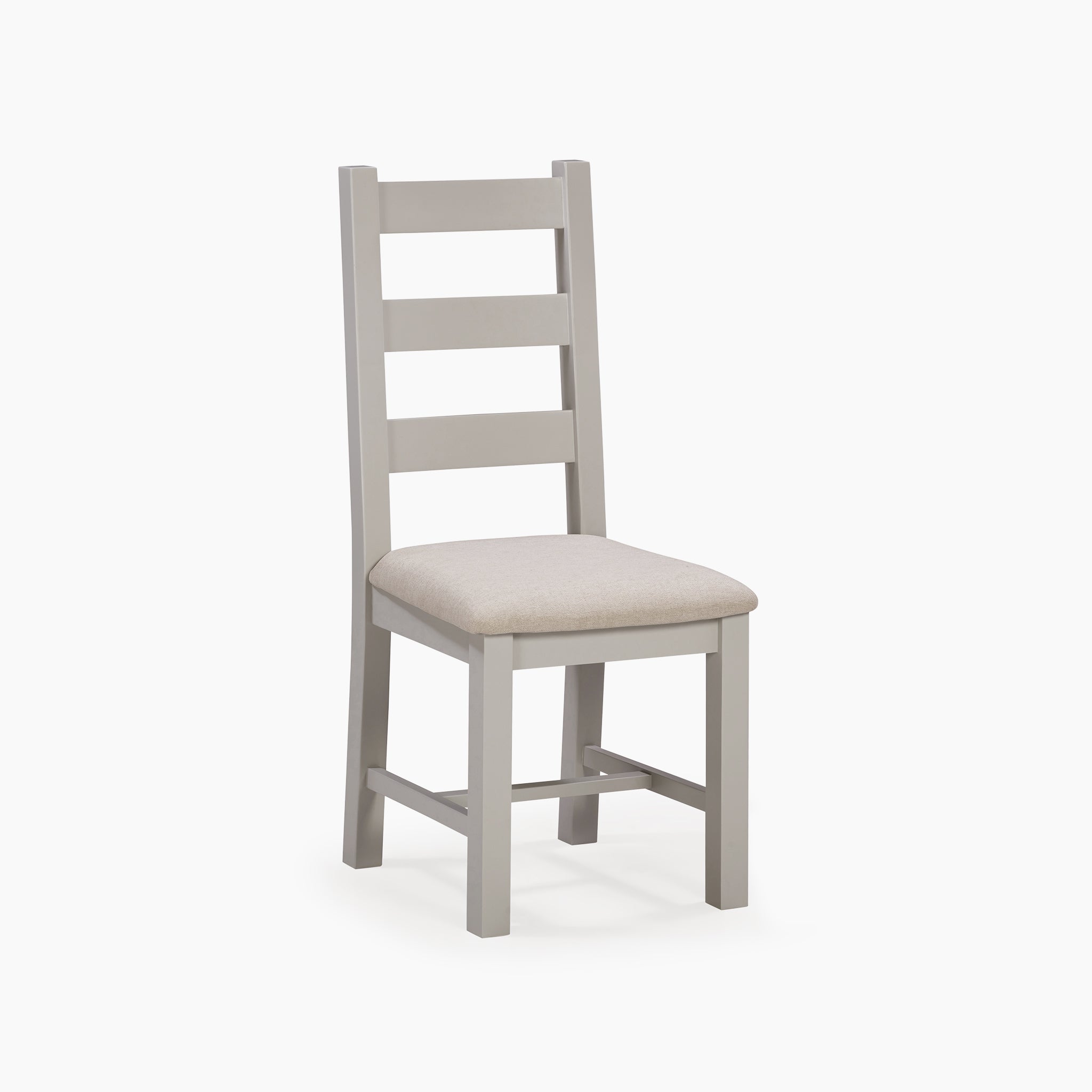 Burford dining set chair in Pebble Grey, featuring a wooden ladder-back design and beige upholstered seat, against a white backdrop.