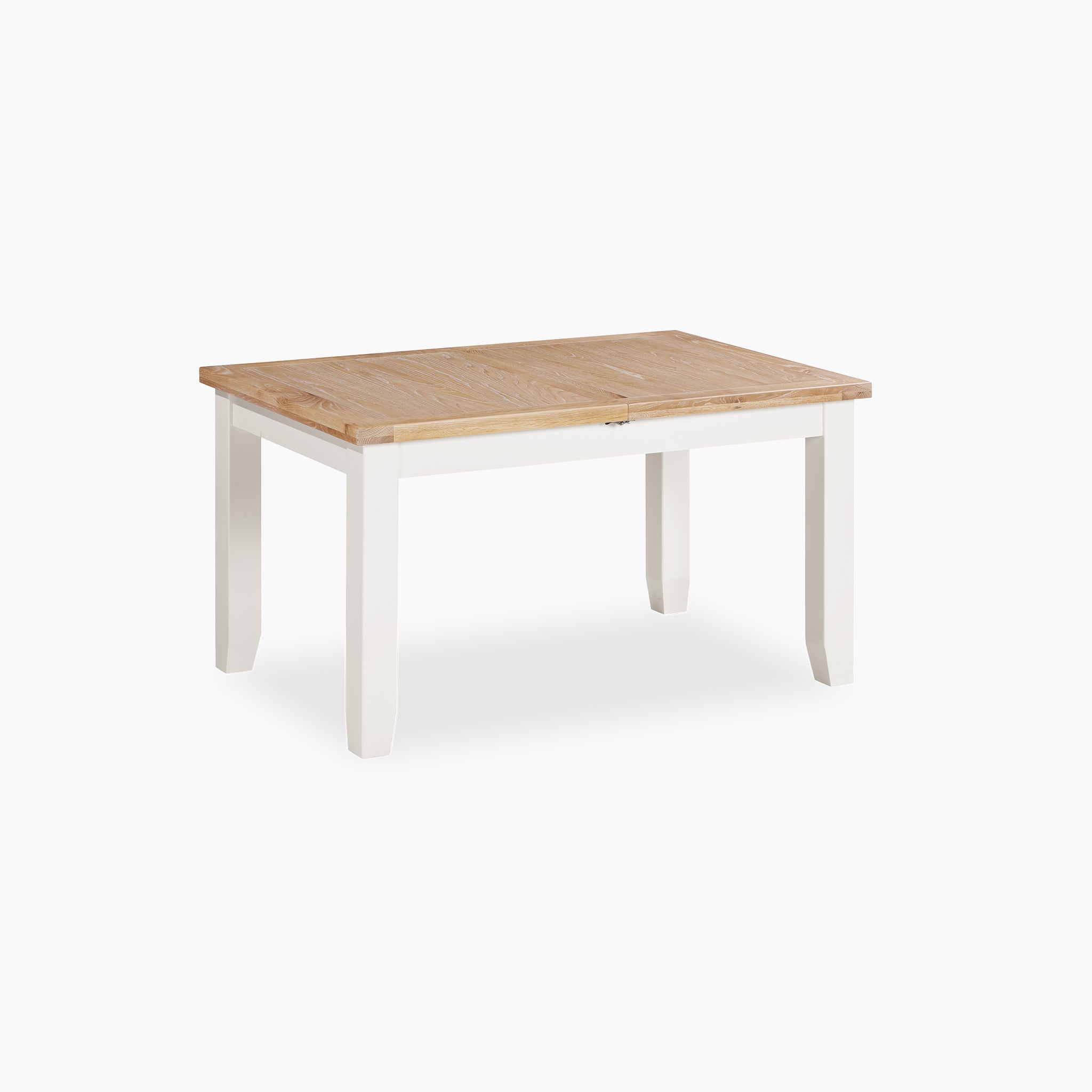 The Burford 6 Seat Extending Dining Set with Spindleback Dining Chair in Warm White features a light wood top and white legs—an elegant solid oak table that brings timeless charm to your dining space.
