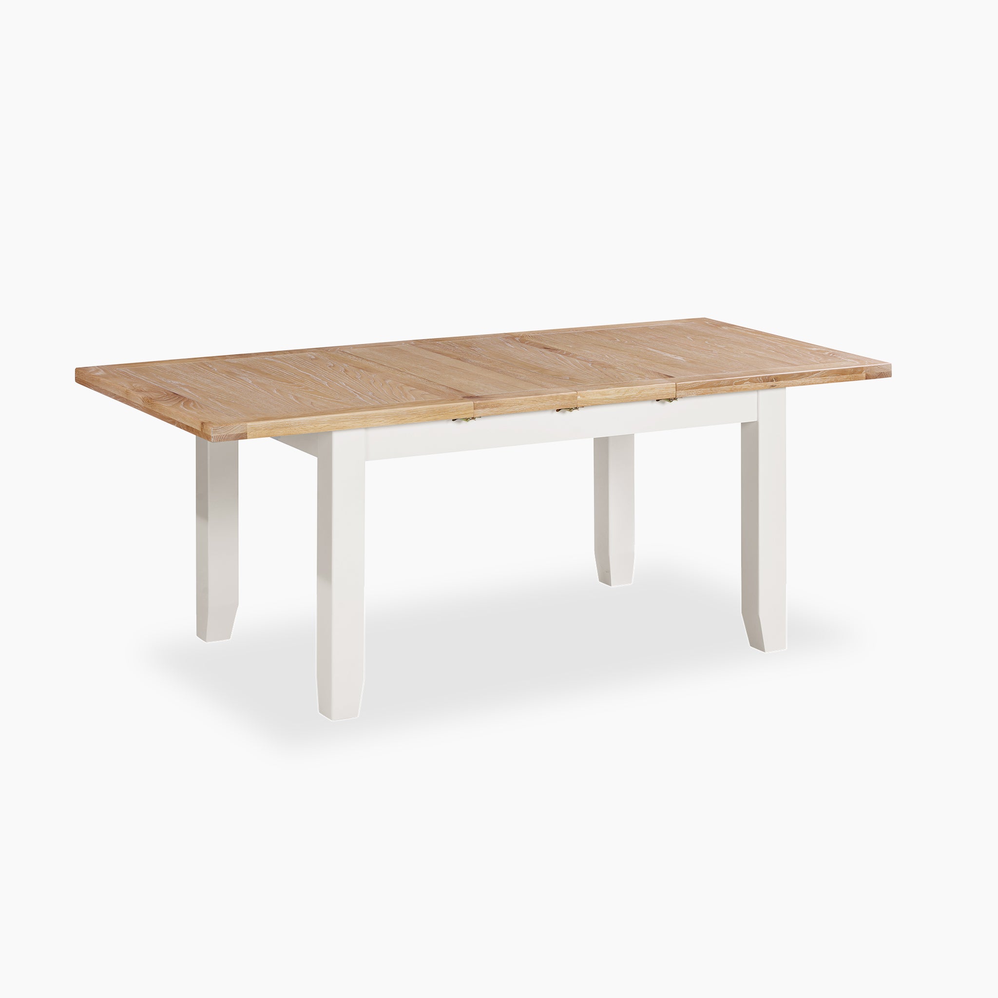 The Burford 6 Seat Extending Dining Set in Warm White includes a table with a wooden top and a central extension, perfect for stylishly accommodating additional guests.